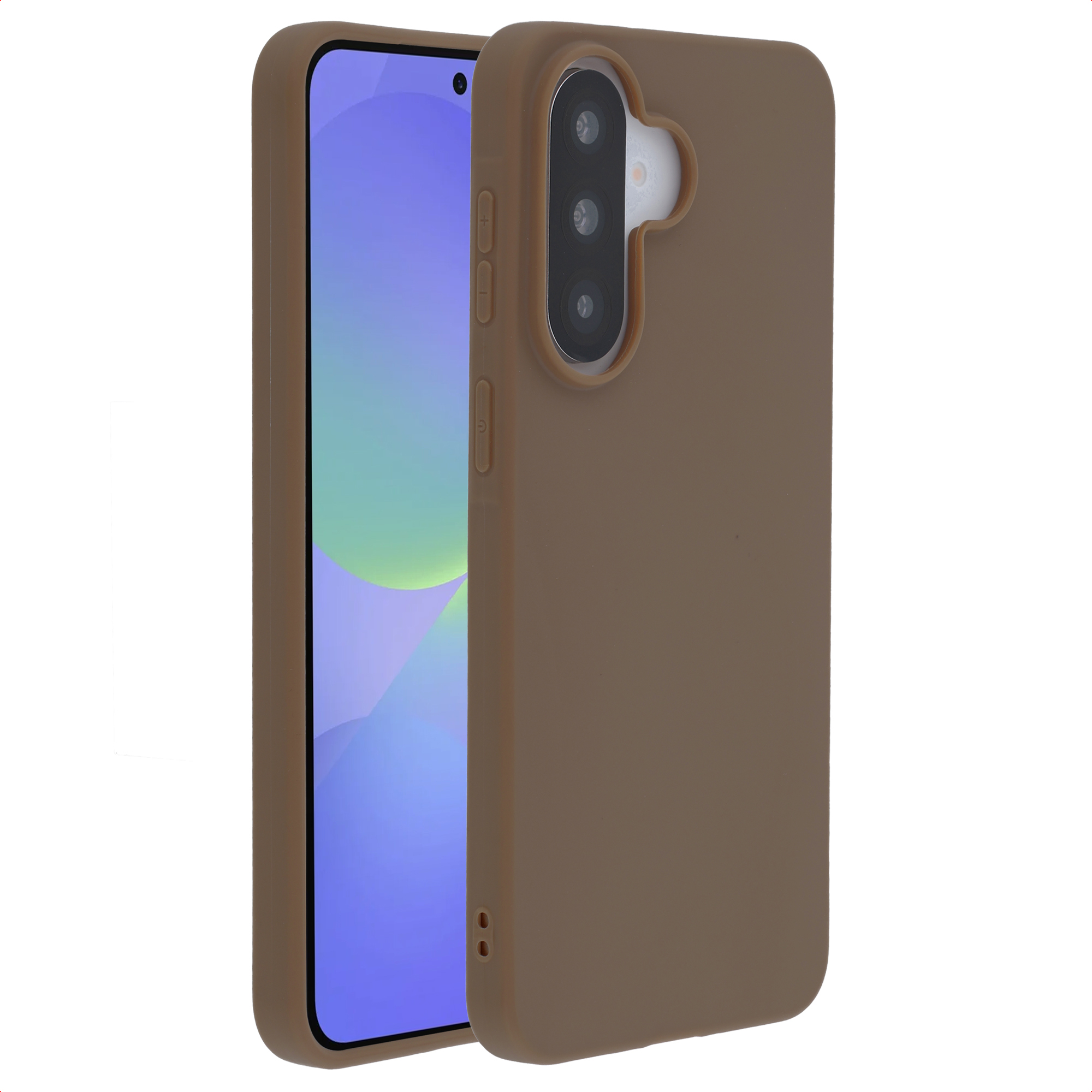 Un téléphone marron avec un module caméra et un écran bleu.