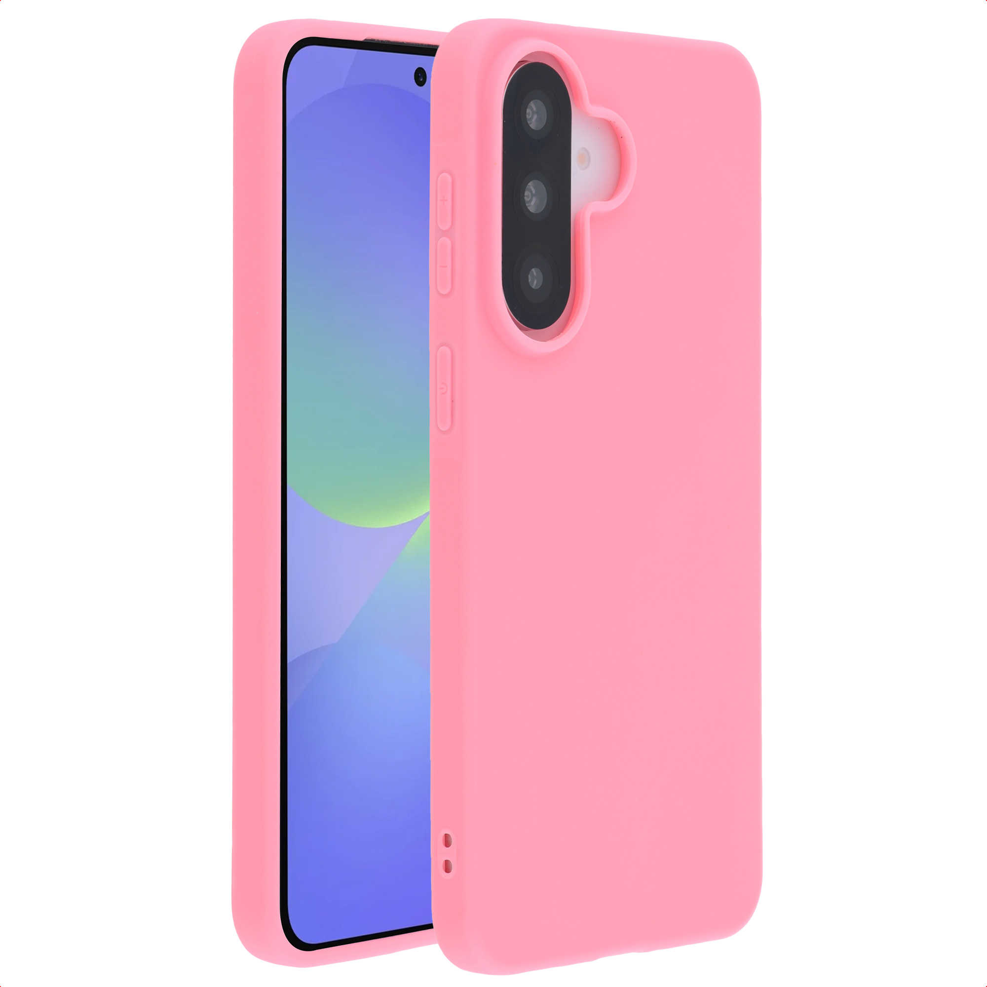 Een roze telefoonhoesje met camera-uitsparing en een telefoon erin.