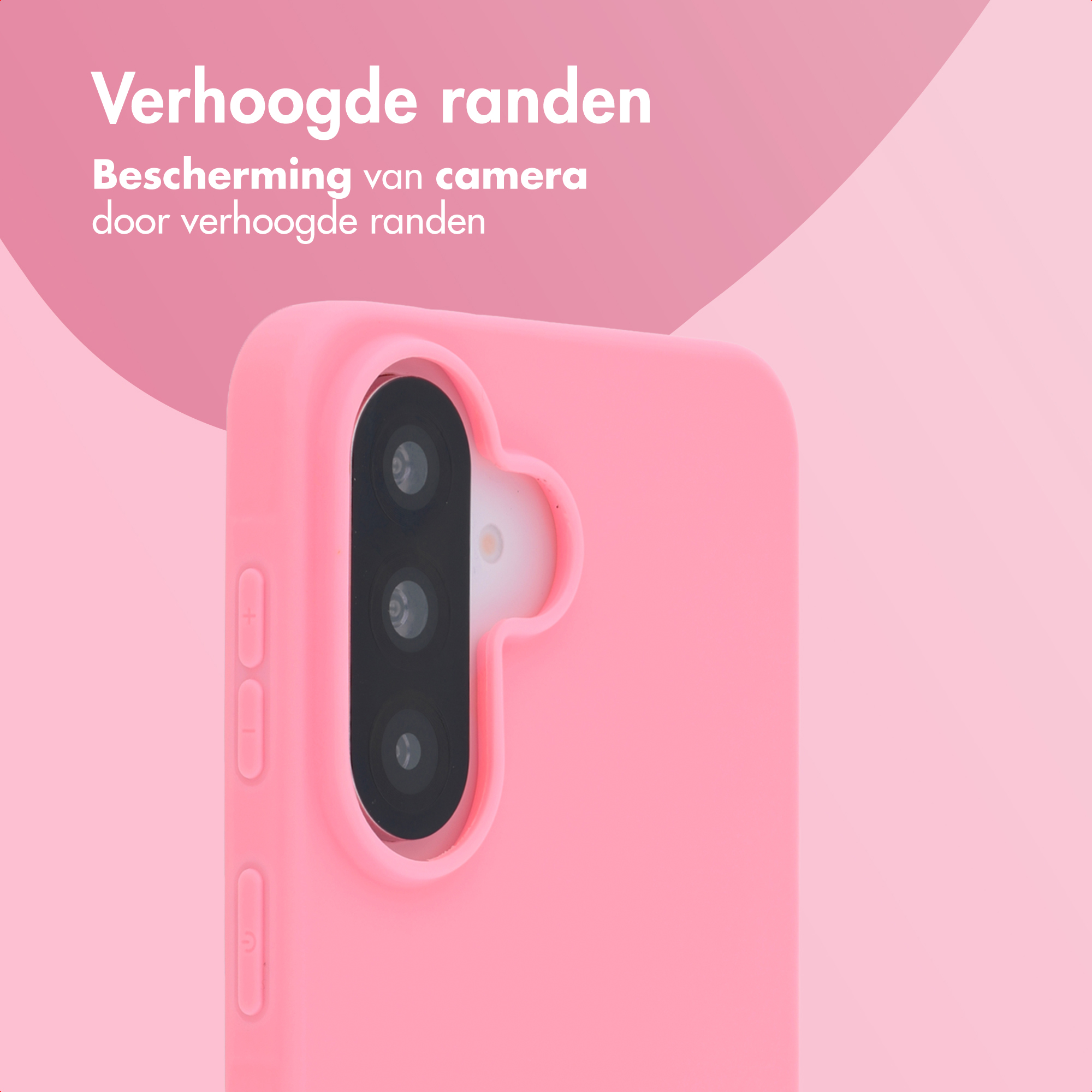 Close-up van een roze telefoonhoes met cameramodule en knoppen.