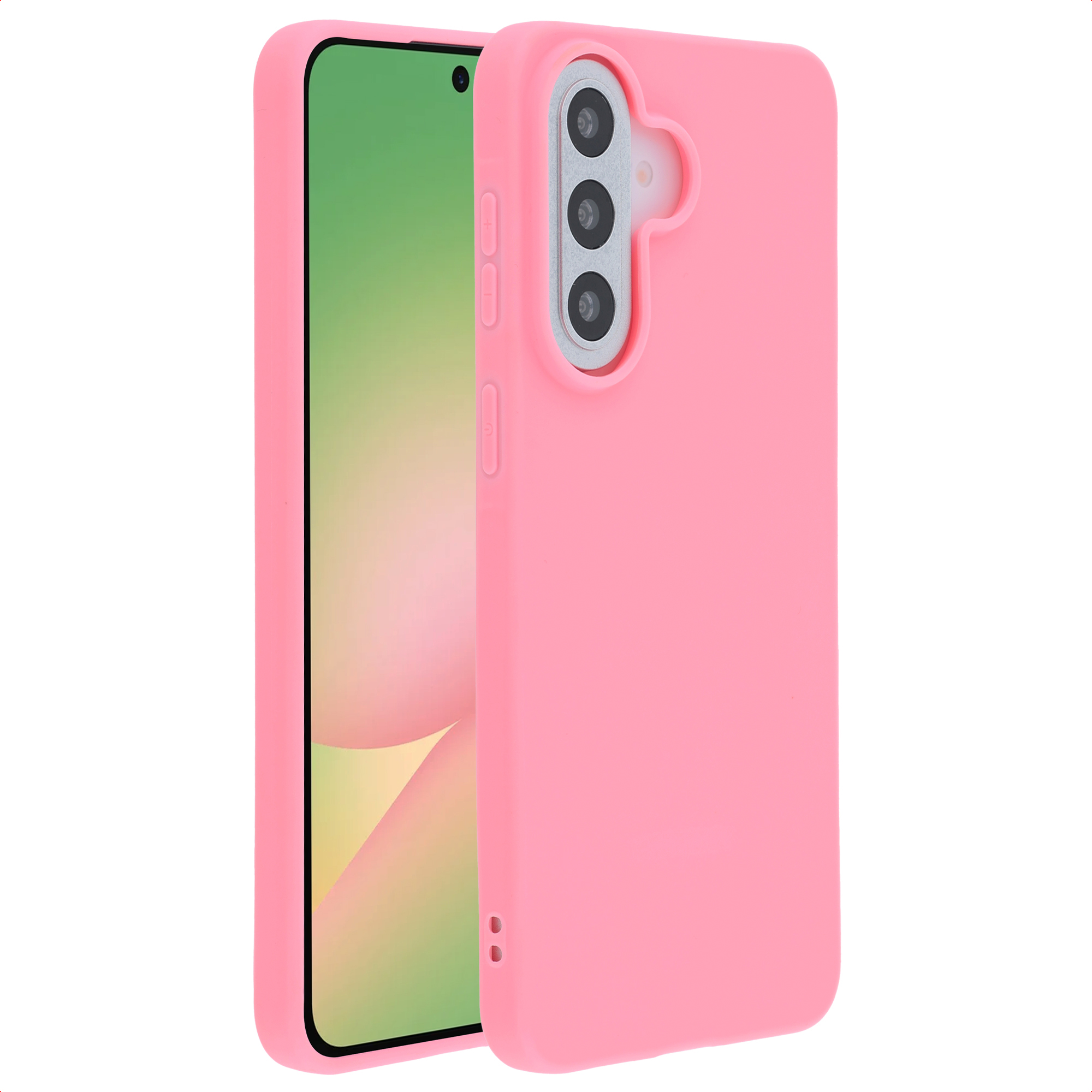 Een roze telefoonhoesje met drievoudige camera en een verloopdisplay.