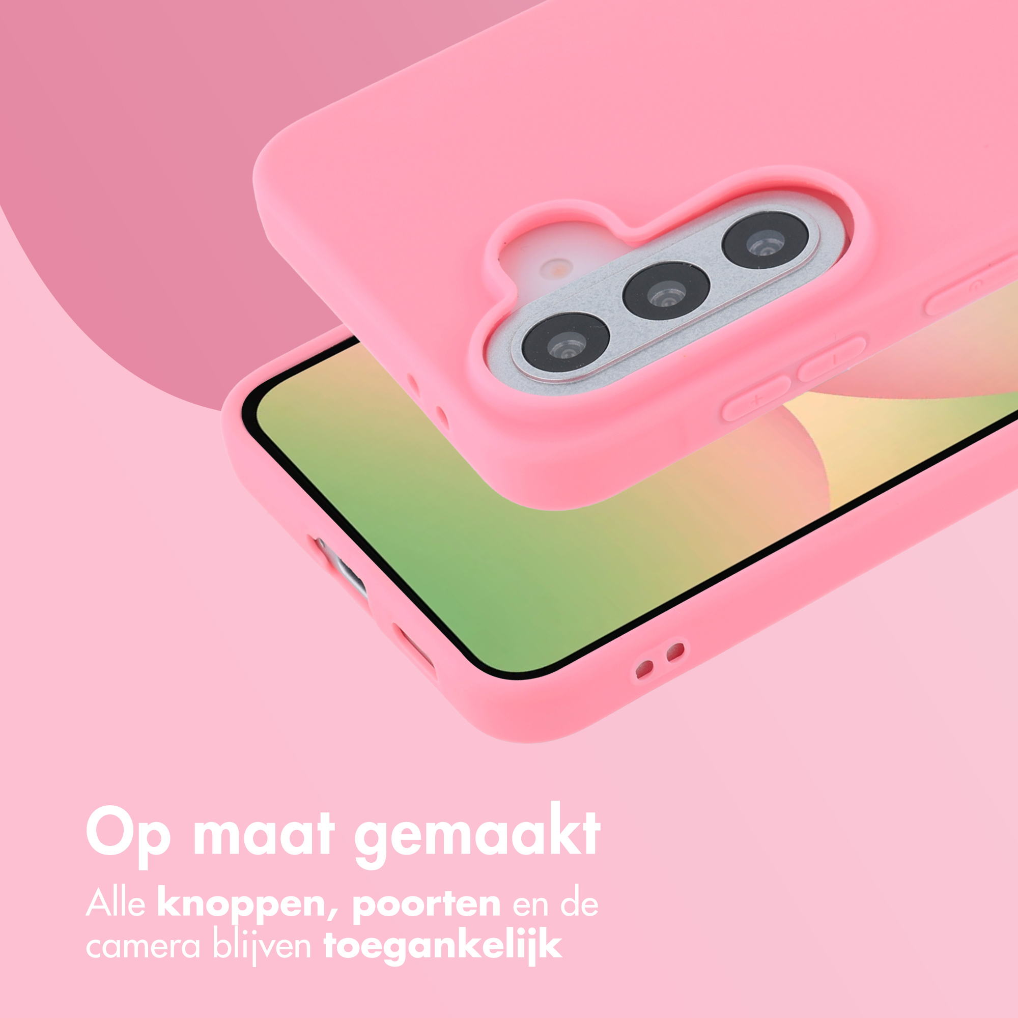 Een roze telefoonhoesje rust op een telefoon met kleuroverloop.