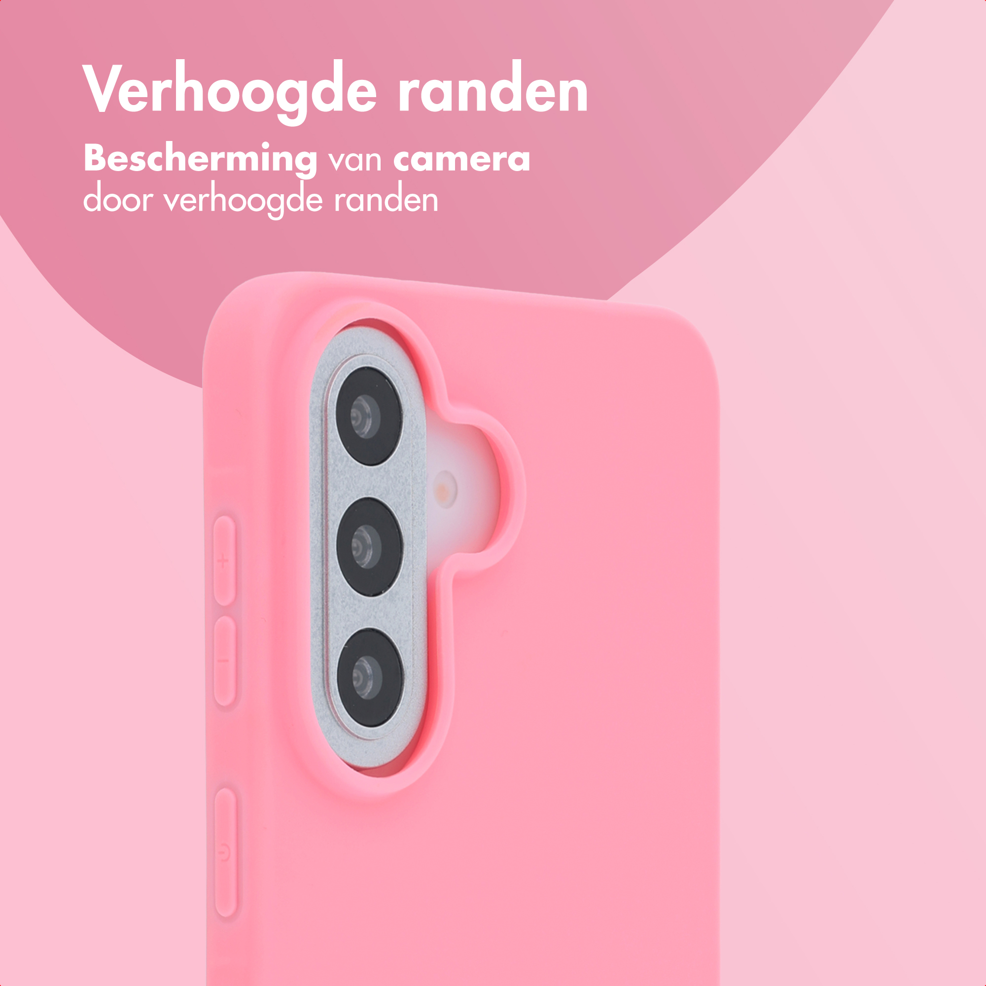 Een roze telefoonhoes met verhoogde randen die de camera beschermen.