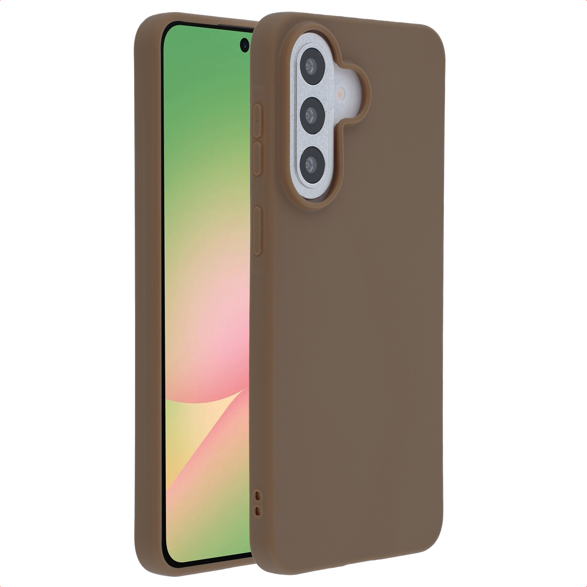 Étui de téléphone marron avec trois objectifs de caméra et un cadre argenté.