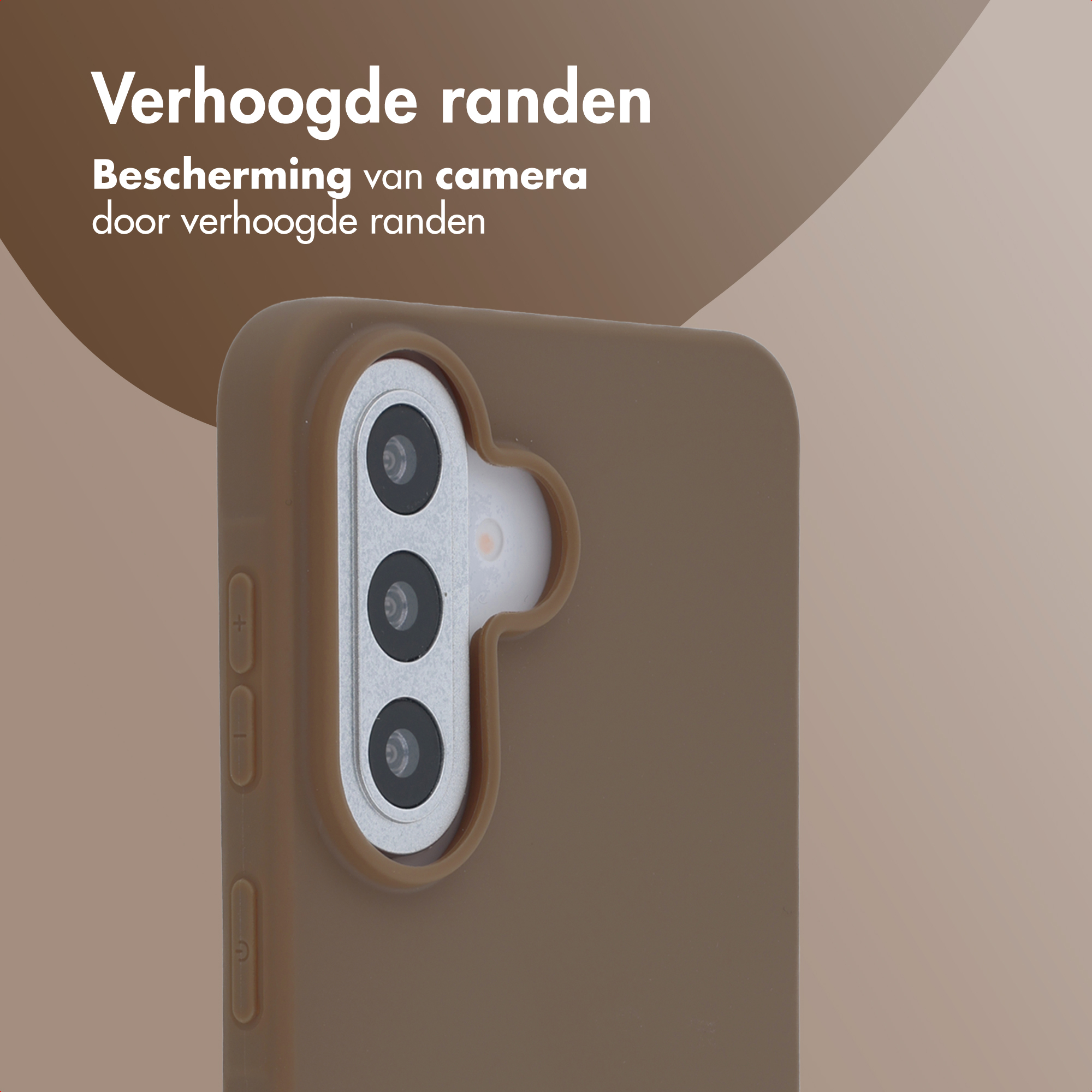 Étui de téléphone marron avec bords surélevés autour de l'appareil photo et des boutons.