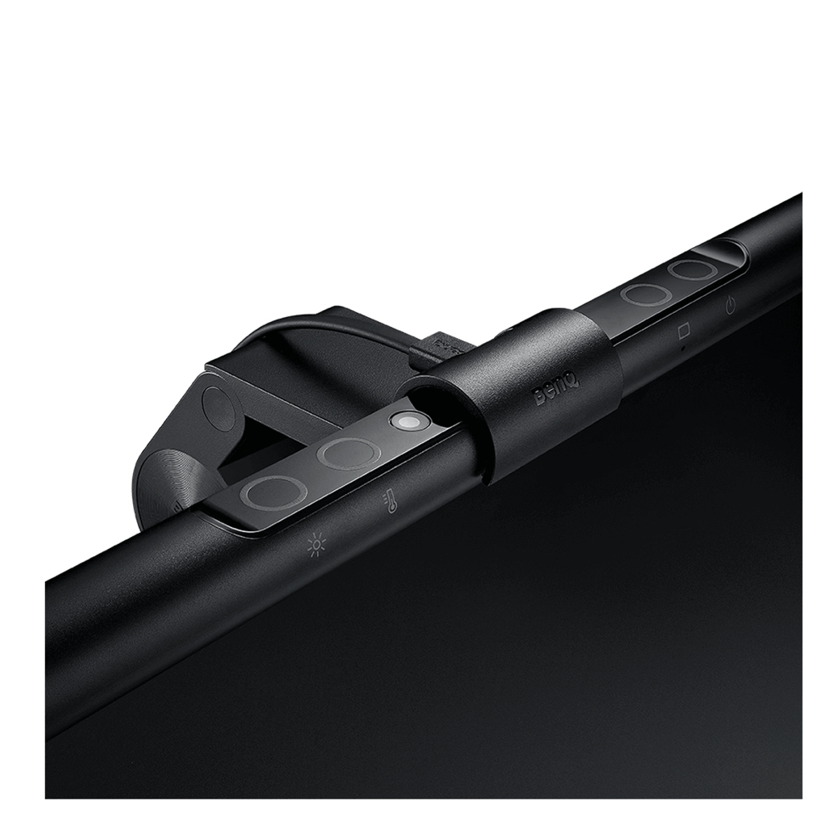 A black BenQ monitor light bar with touch controls and a hook attachment.