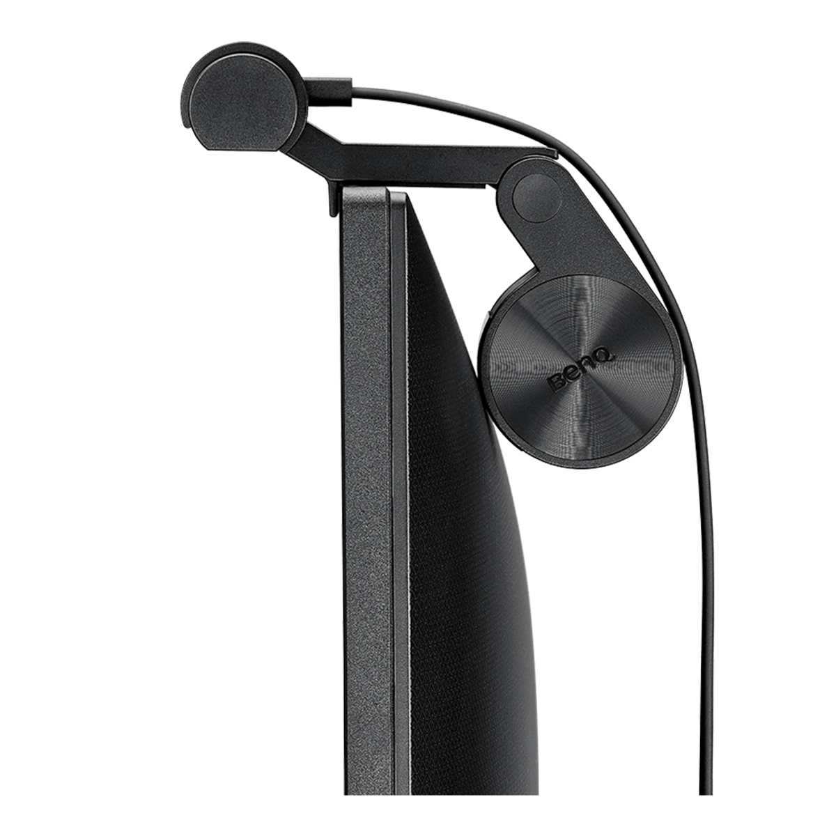 A black monitor arm with a round speaker featuring the BenQ logo.