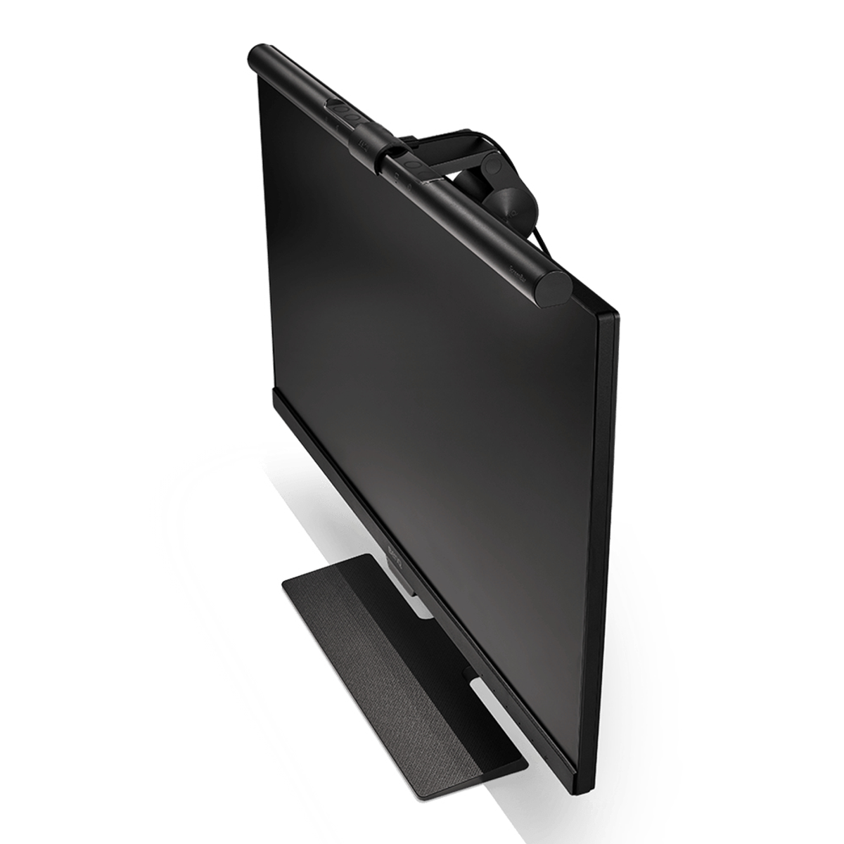 A black monitor with an attached lamp and a rectangular stand.