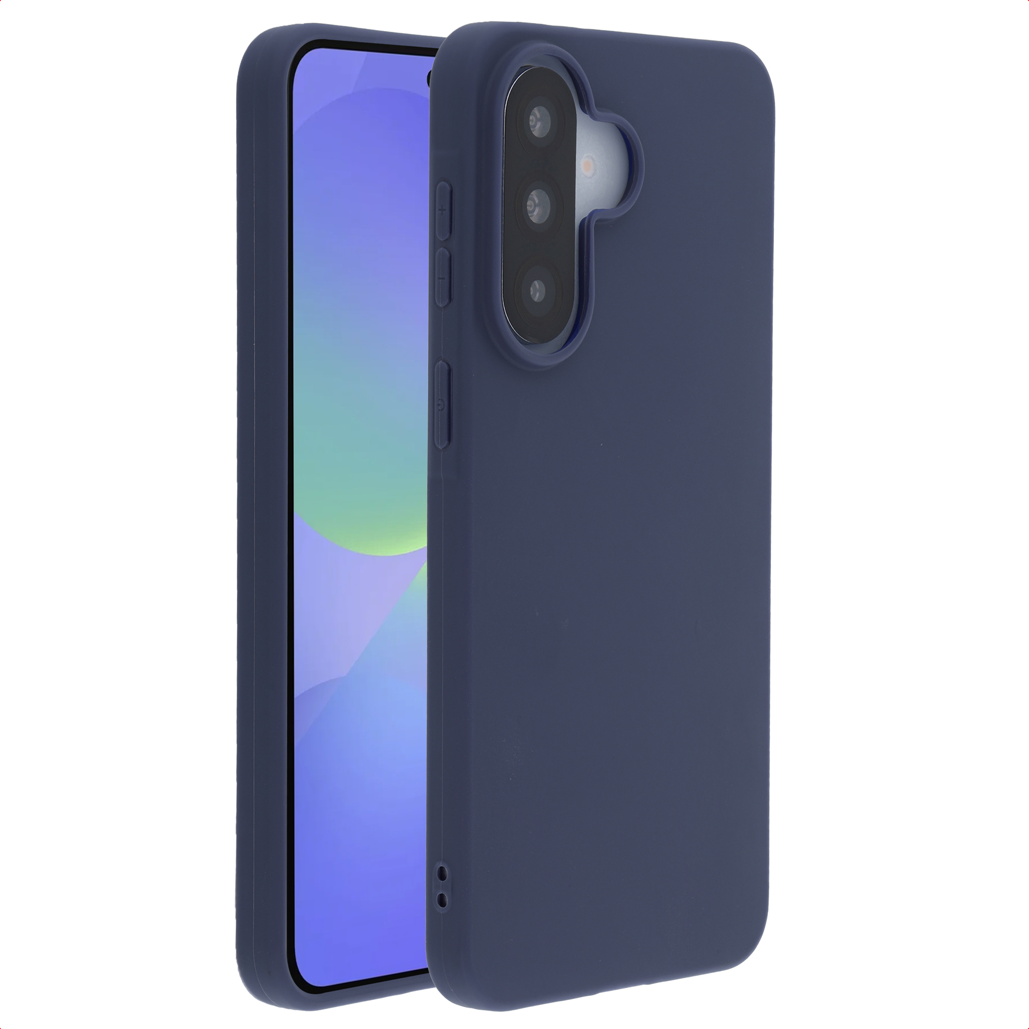 Donkerblauwe telefoon met drievoudige camera en gesimuleerd scherm.