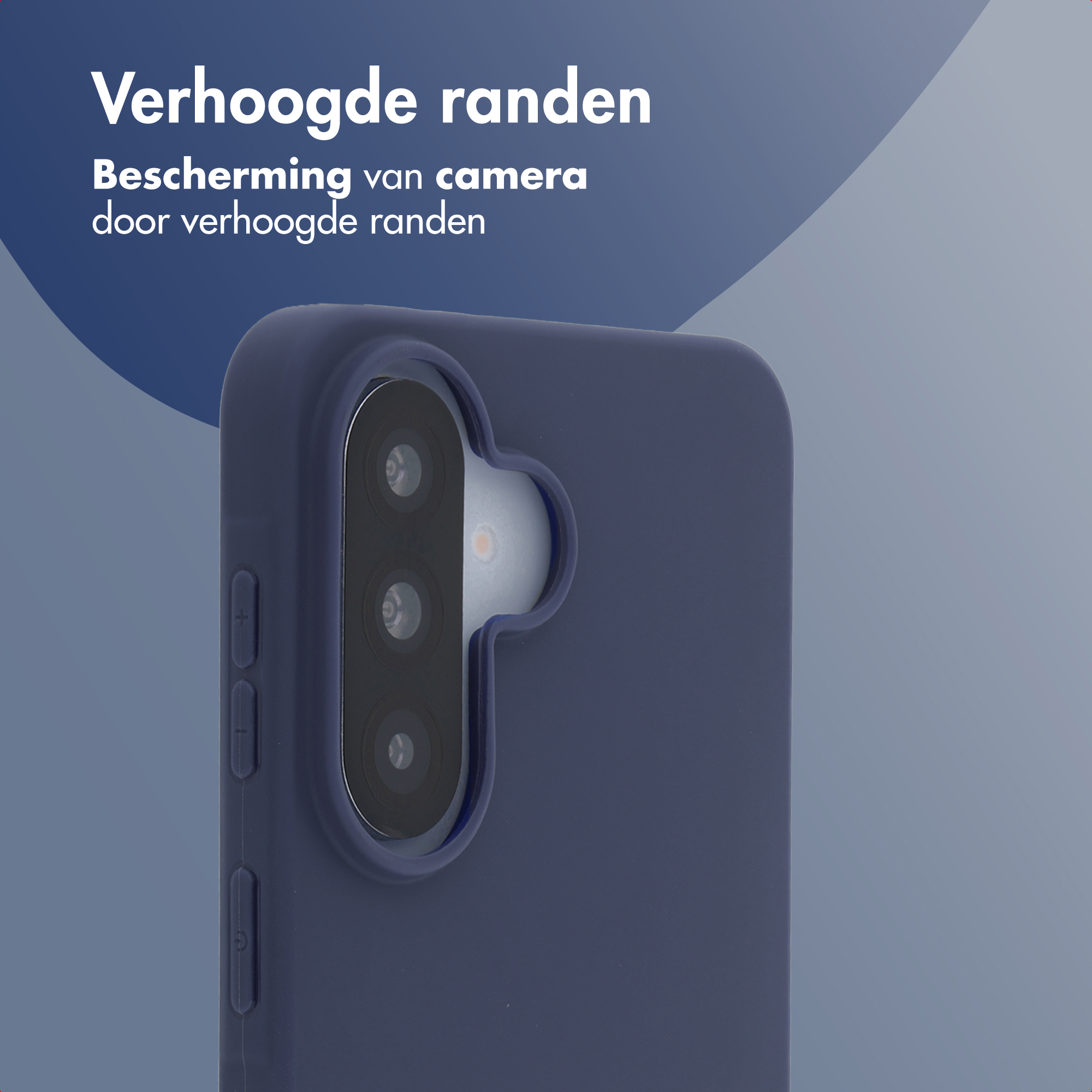 Donkerblauwe telefoonhoes met camerauitsparing en knoppen.