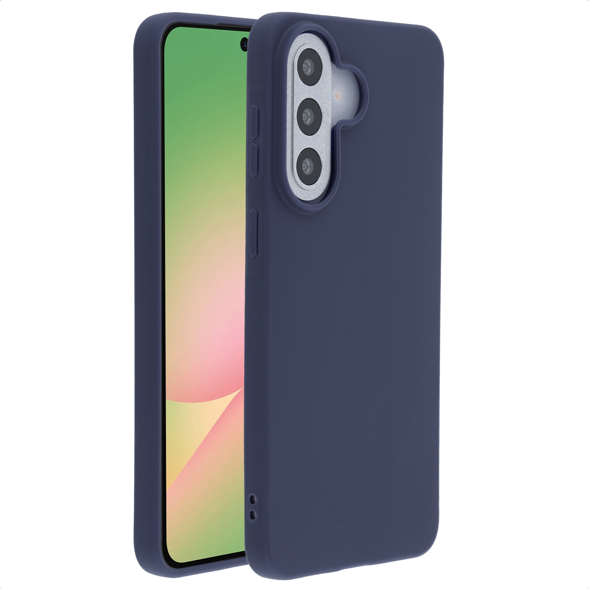 Donkerblauwe telefoonhoes met drie cameralenzen en volumeknoppen.