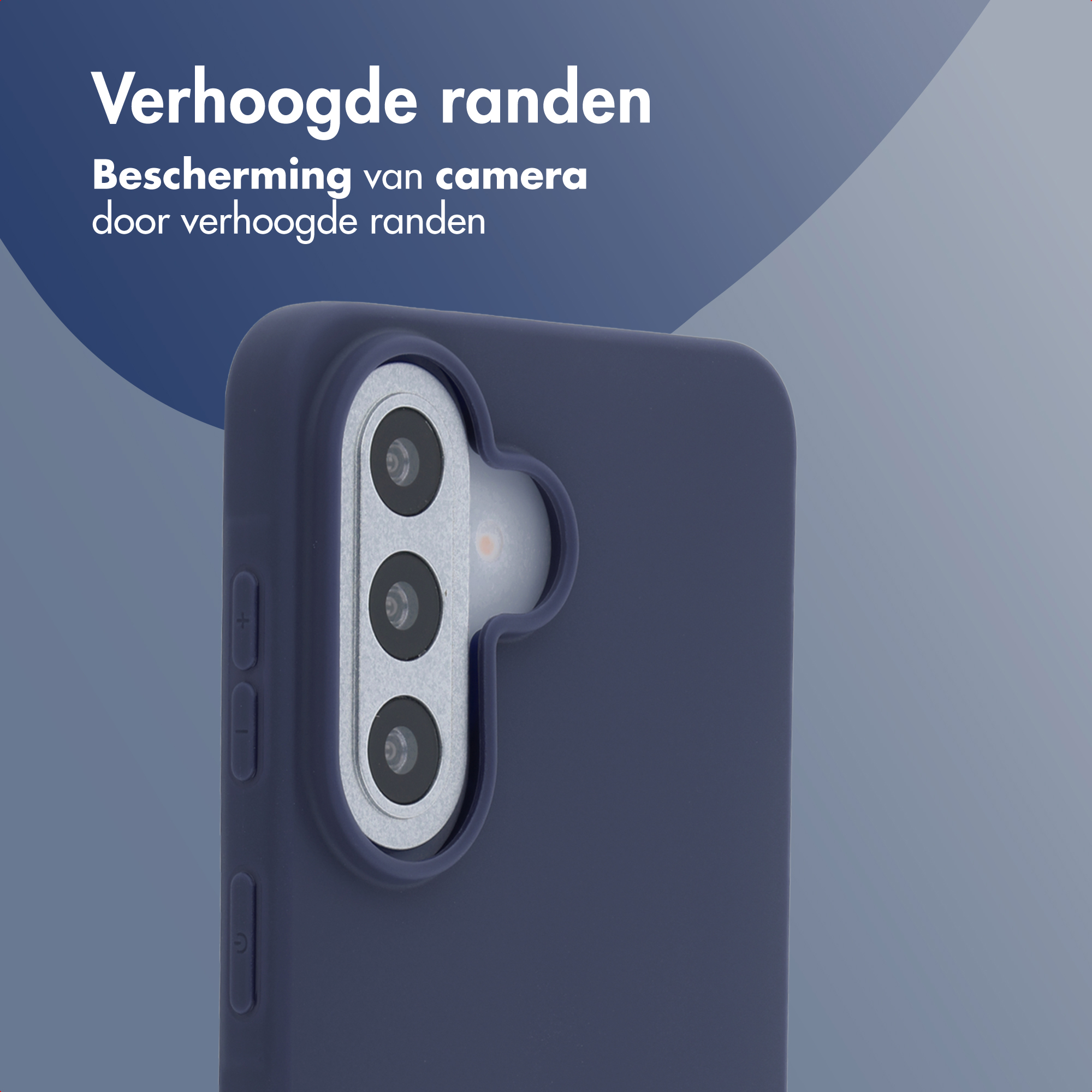 Donkerblauw telefoonhoesje met drievoudige camera en knoppen.