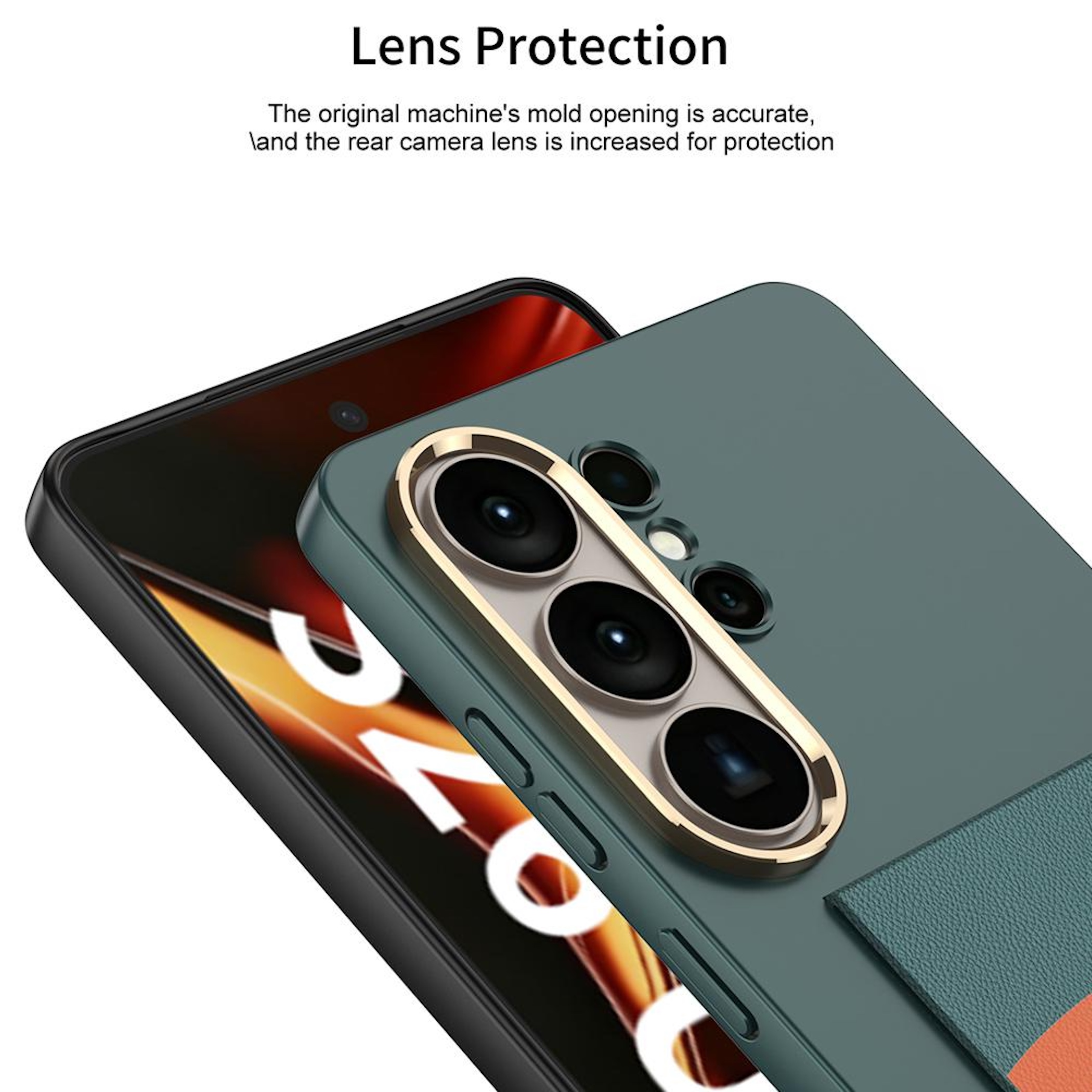 Ein grünes Handy mit einem goldenen Kamerarahmen und drei Linsen.