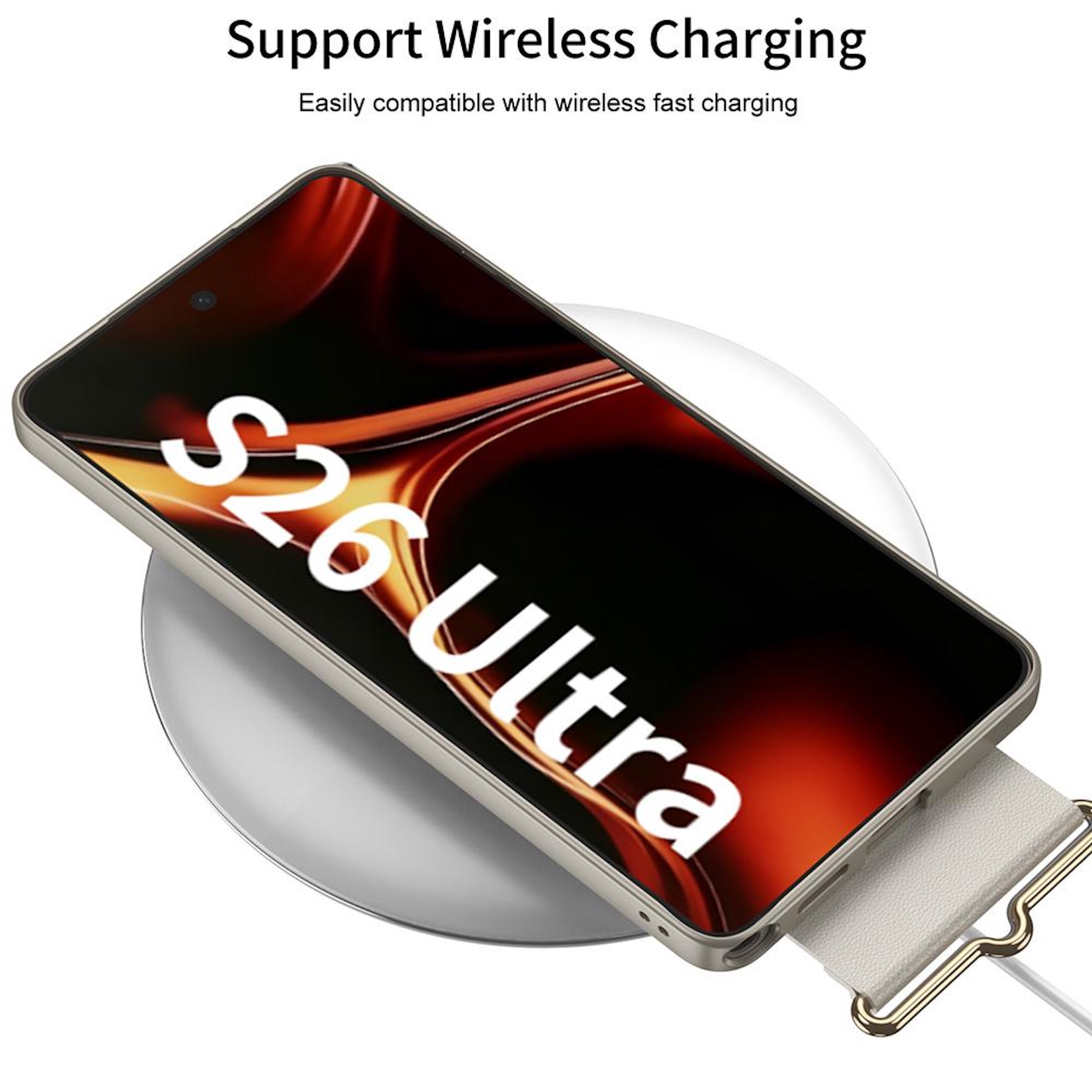 Ein Smartphone liegt auf einer runden Ladestation. Es zeigt 'S26 Ultra'.