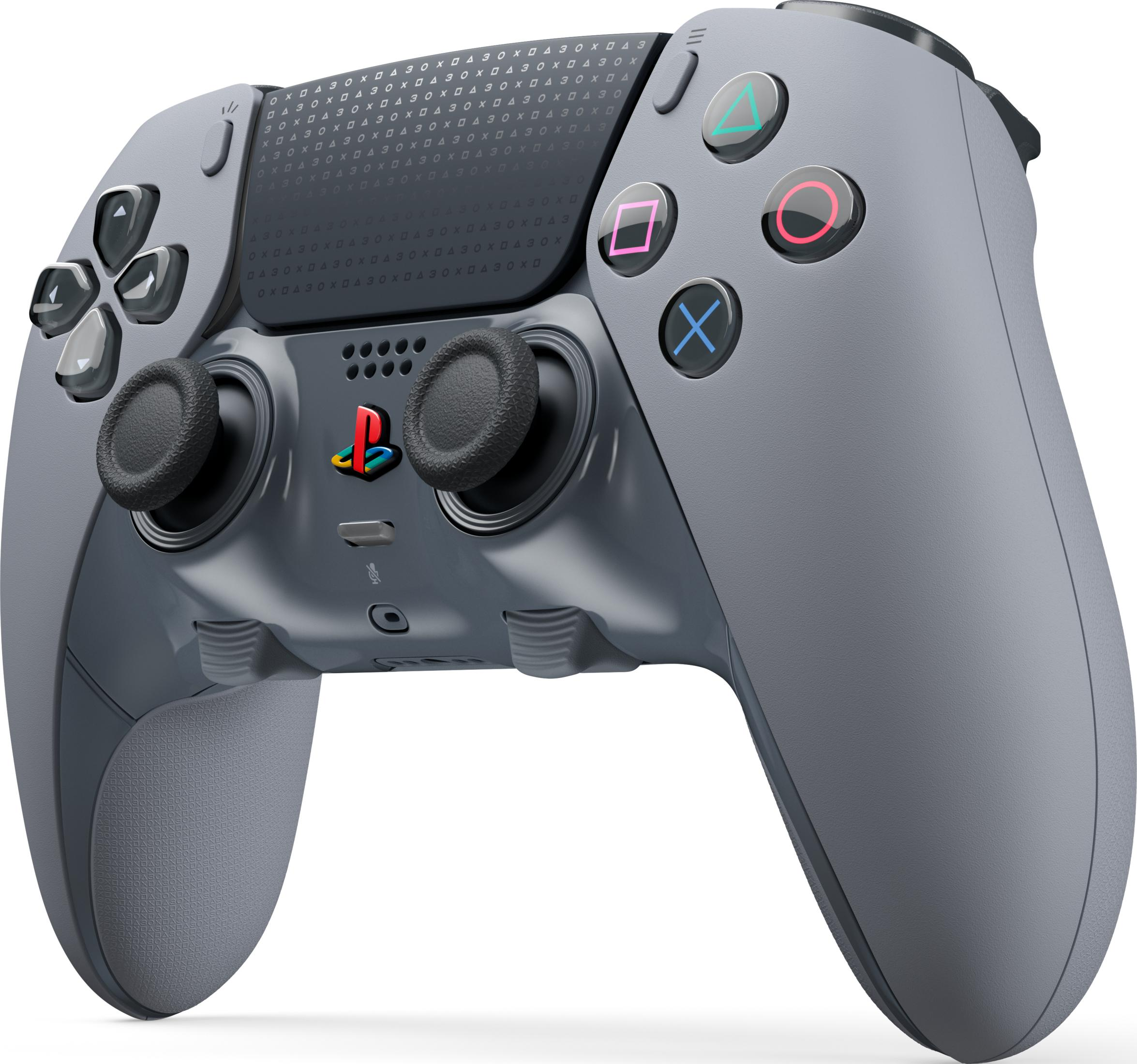 Grauer Controller mit schwarzen Sticks und bunten Tasten.