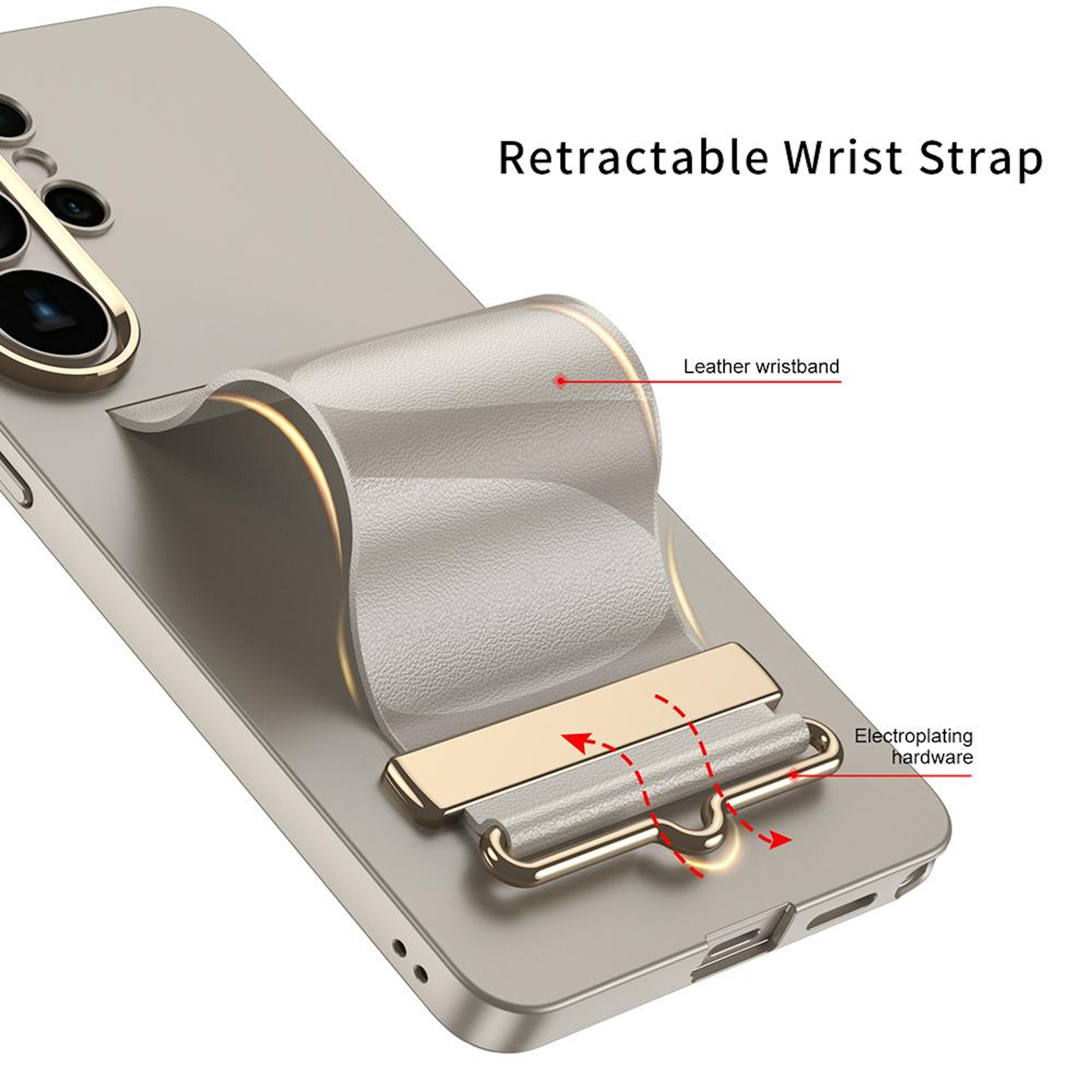 Ein silbernes Handy mit ausziehbarem Lederarmband und goldener Hardware.