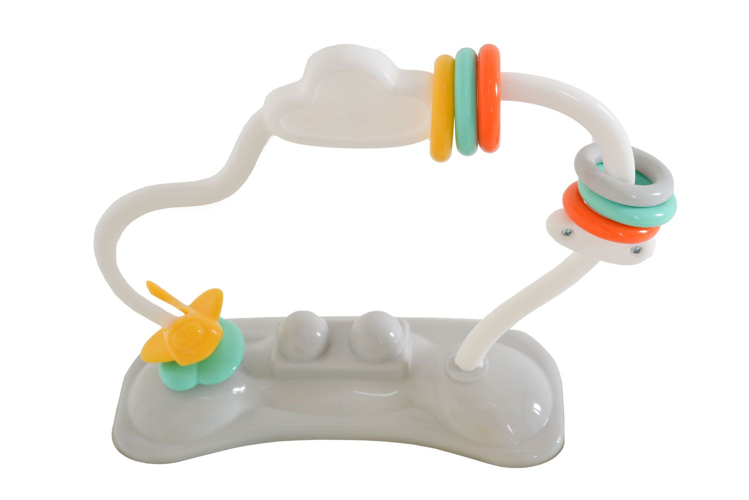 Ein weißes Babyspielzeug mit Ringen in Orange, Grün und Gelb.