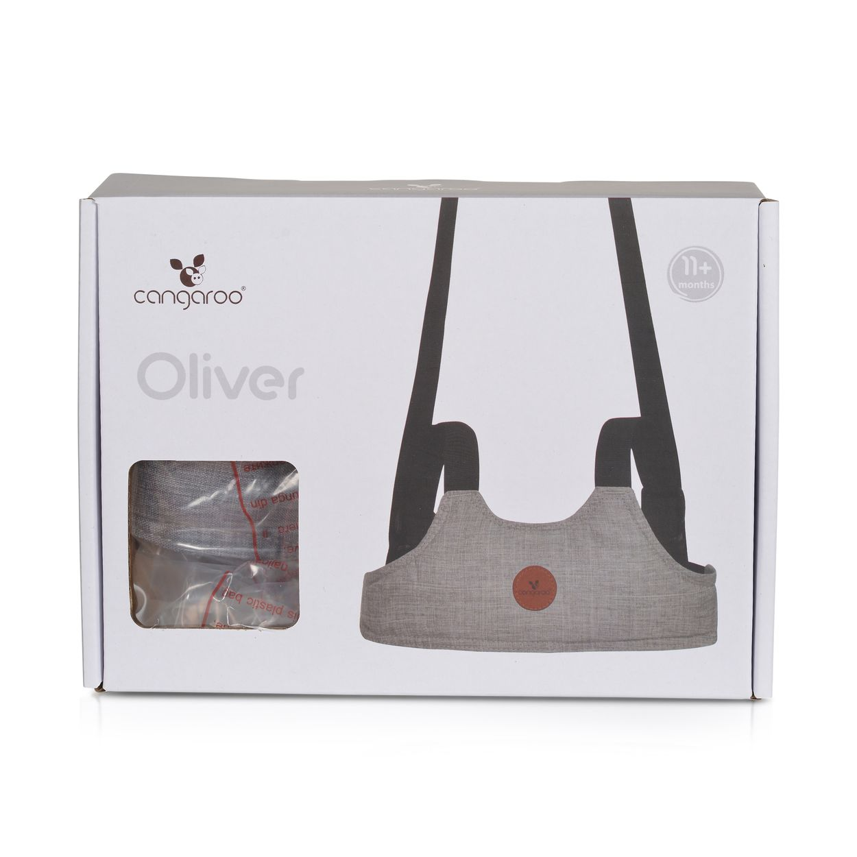 Verpackung eines grauen Baby-Laufgürtels mit der Aufschrift 'Oliver' und '11+ Monate'.