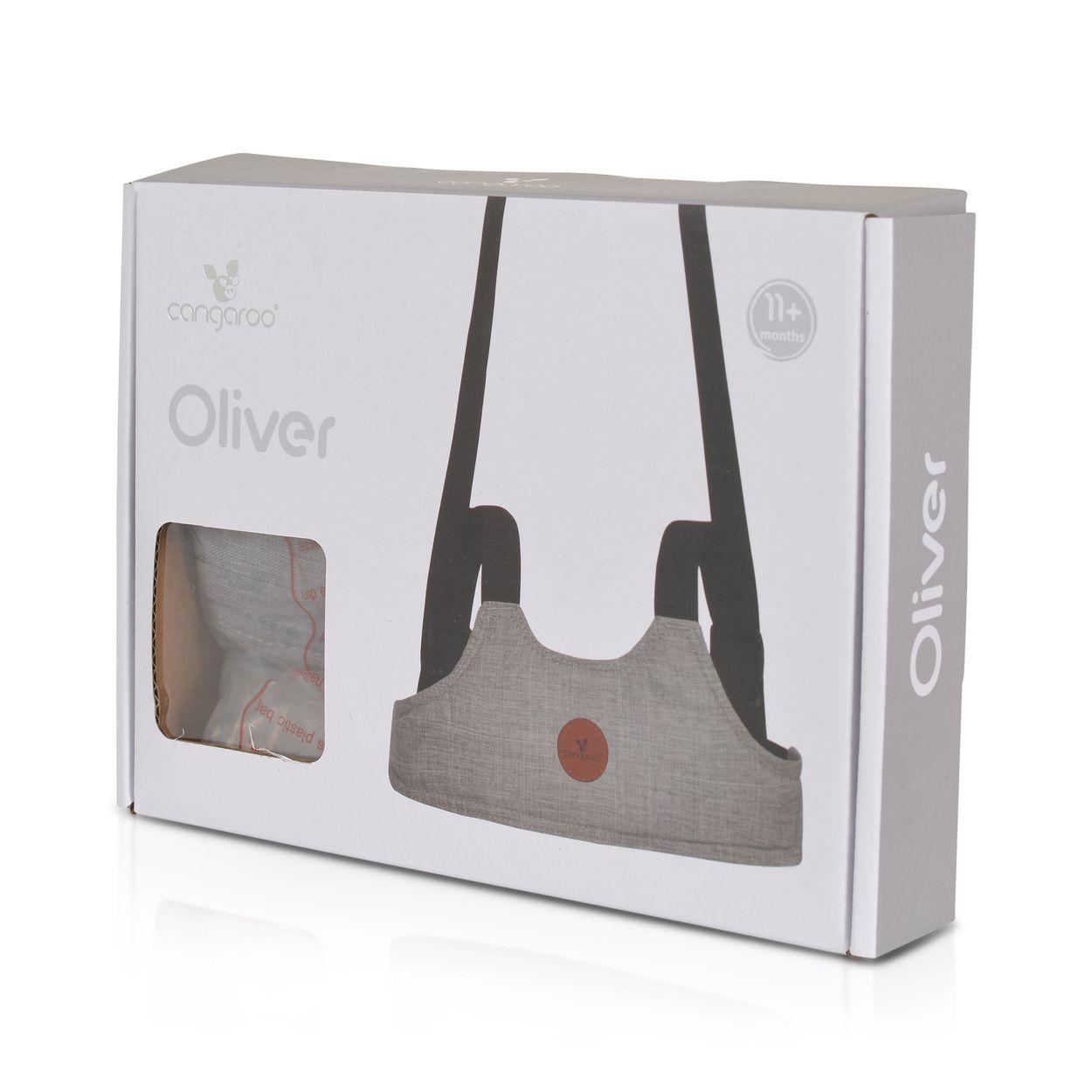Graue Baby-Gehhilfe 'Oliver' auf weißem Karton, mit Trägern und Logo.