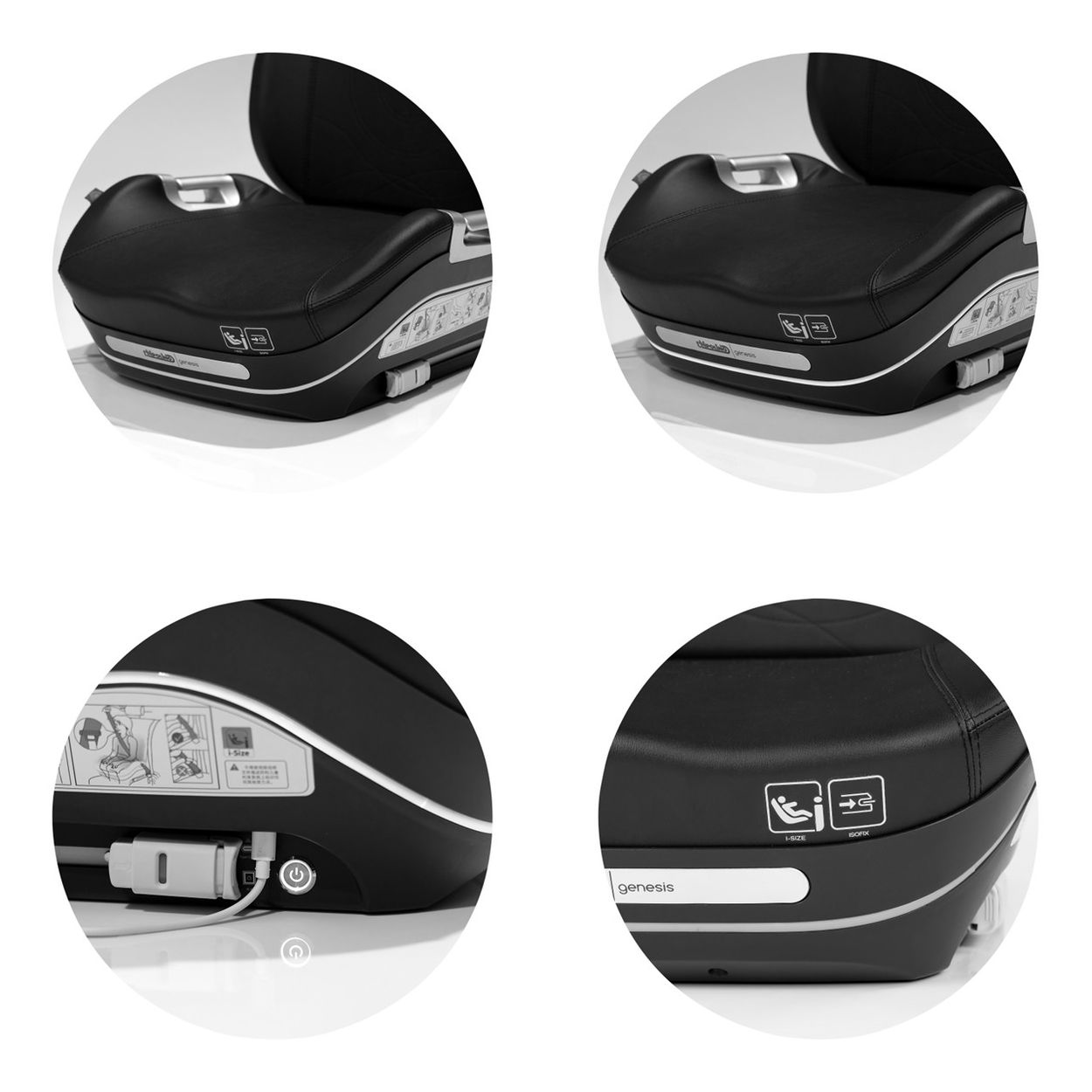 Schwarzer Kindersitz mit Details: ISOFIX, i-Size und Genesis Logo.