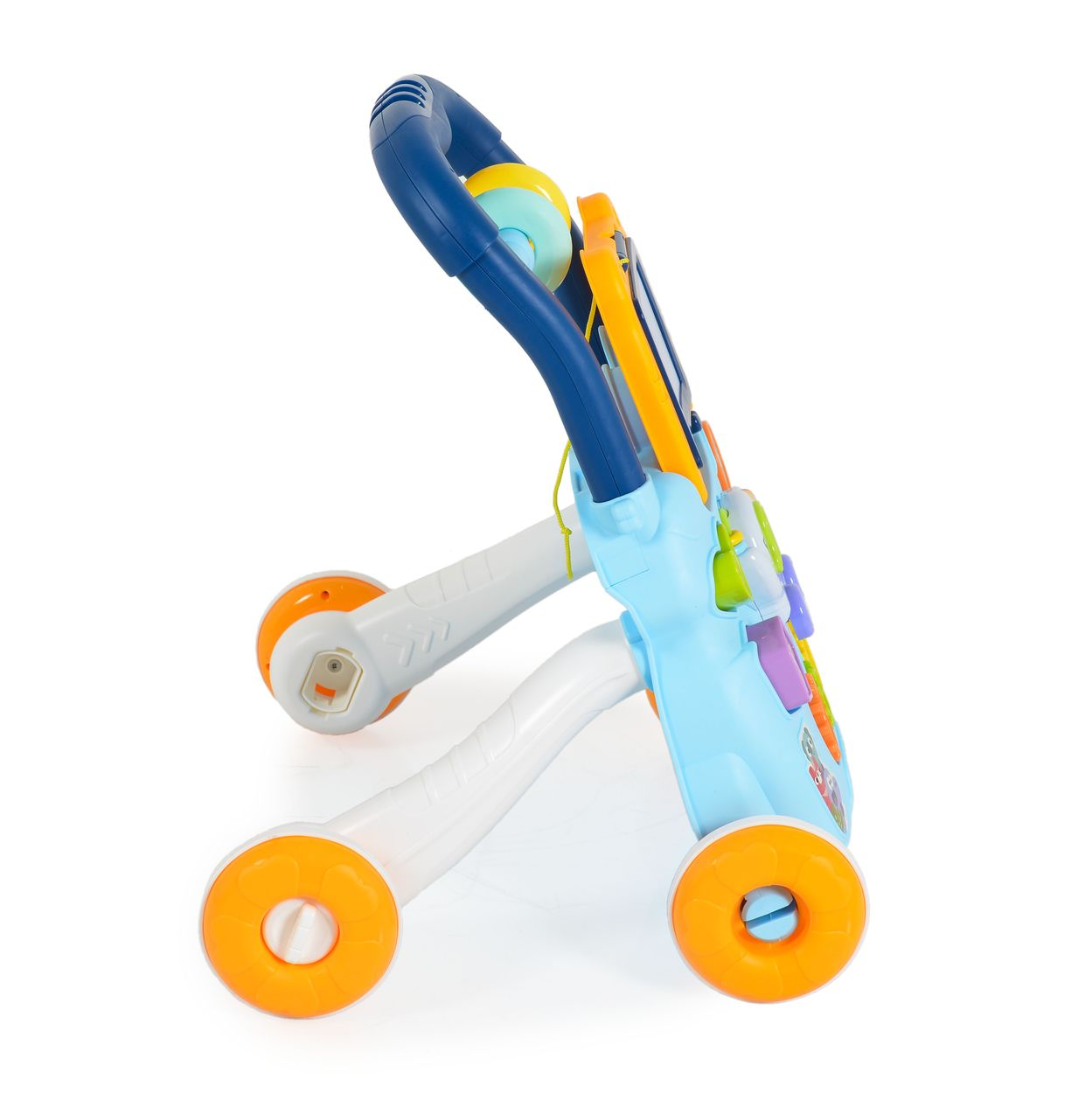 Ein hellblaues Baby Lauflernhilfe mit bunten Spielzeugknöpfen, Rädern und Griff.