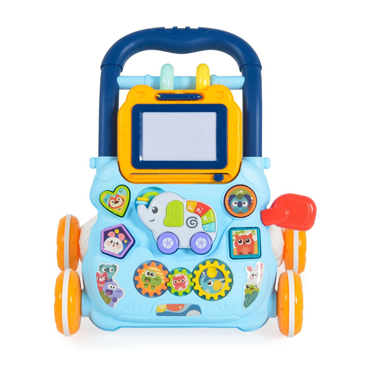 Ein hellblaues Baby-Laufrad mit bunten Tiermotiven und Spielzeug.