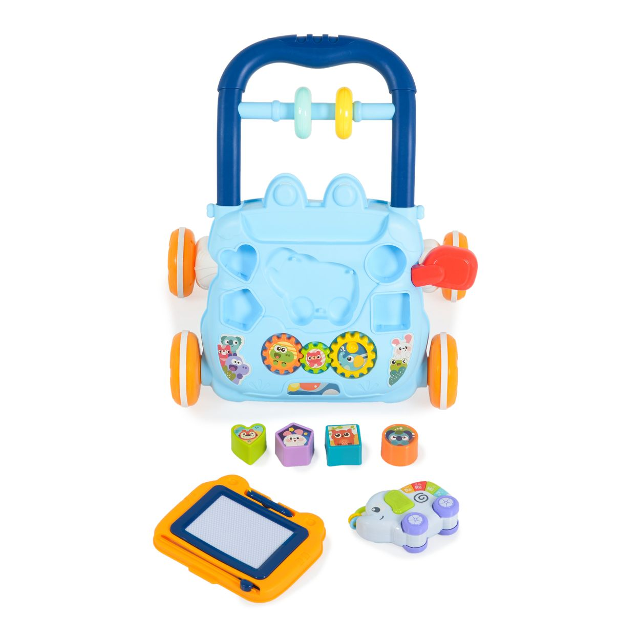 Ein hellblaues Baby-Lauflernspielzeug mit bunten Formen, Rädern und einem Griff.