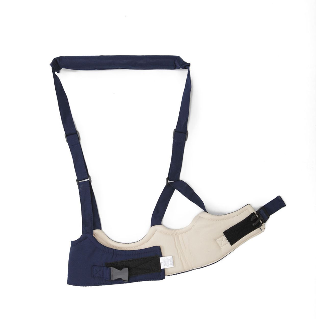 Ein blauer Laufgurt mit beige gefüttertem Brustteil und schwarzen Schnallen.