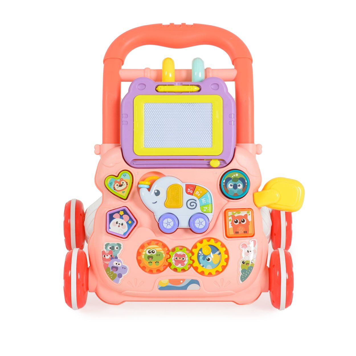 Ein bunter Baby-Lauflernwagen mit Spielzeug, Musik und einem Elefanten.