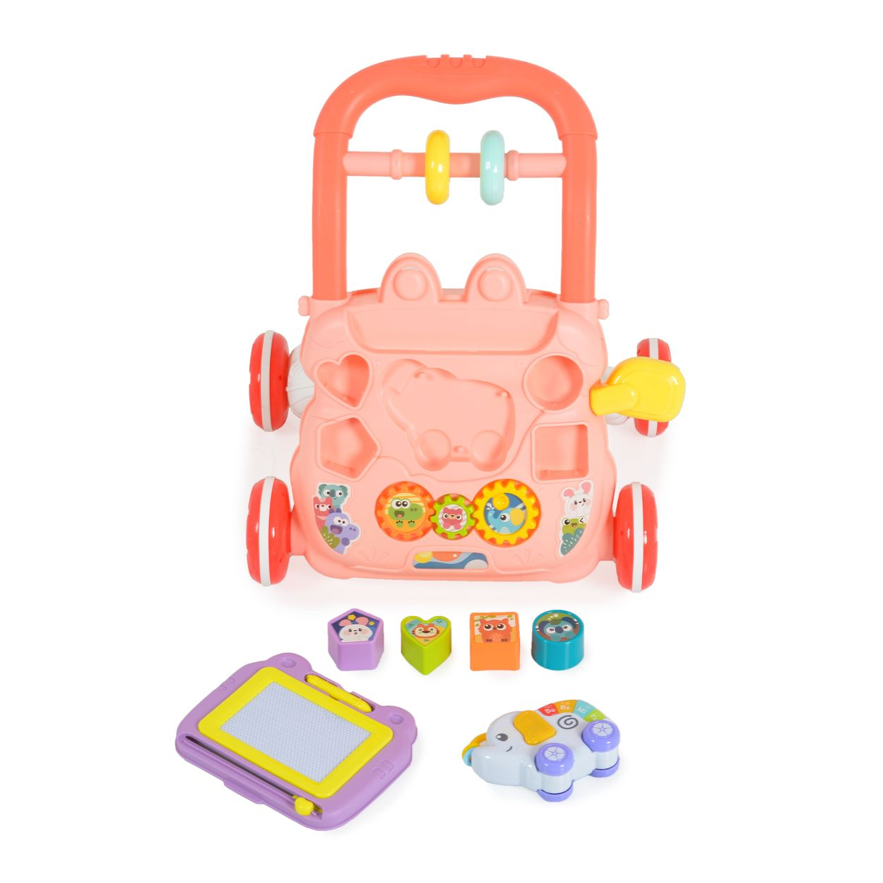 Ein rosafarbener Lauflernwagen mit Spielzeug. Enthält eine Tafel, Formklötze und ein Spielzeugauto.