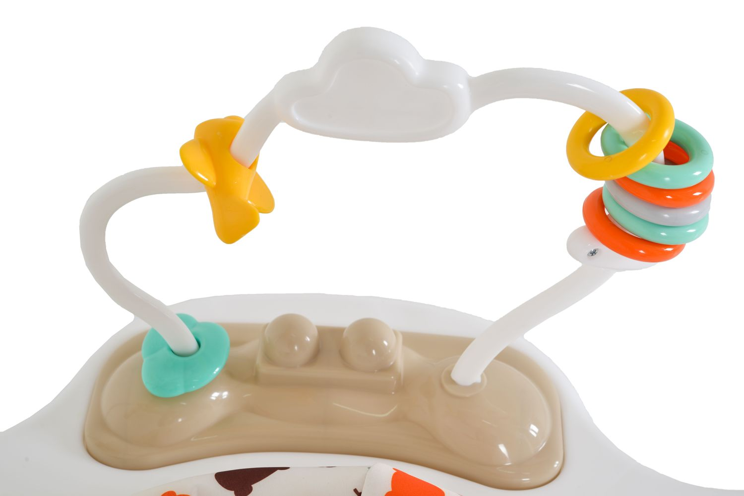 Ein Baby-Spielzeug mit bunten Ringen und einer gelben Blume.