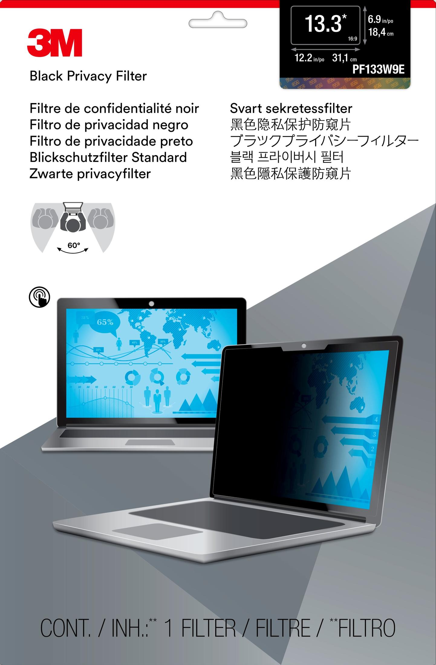 3M Black Privacy Filter für 13,3-Zoll-Laptops, zeigt zwei Laptops mit Diagrammen.