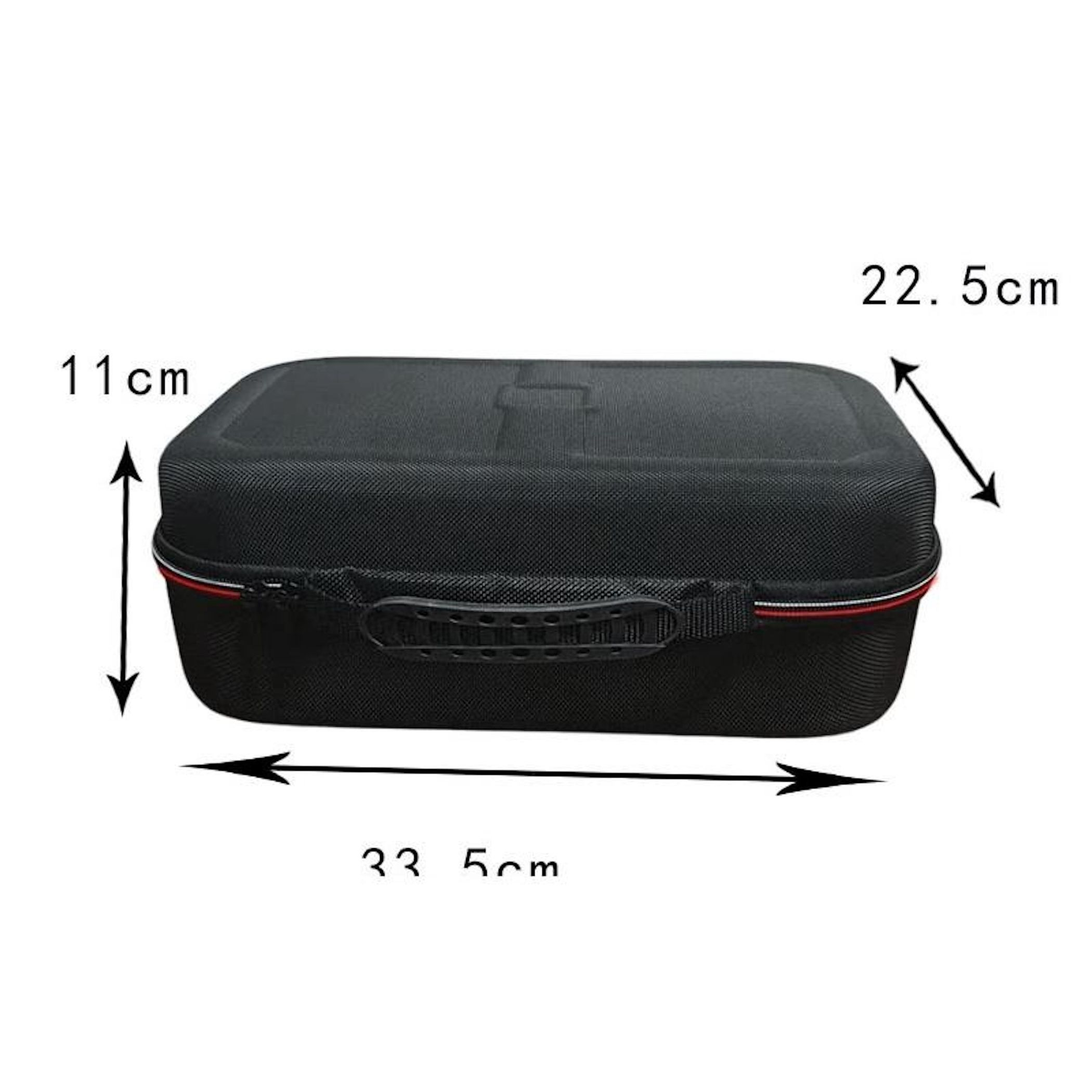 Funda rectangular negra con asa y cremallera, se muestran las dimensiones.