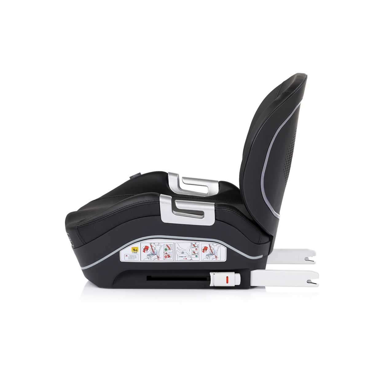 Schwarzer Kindersitz mit silbernen Akzenten und ausfahrbaren ISOFIX-Haken.