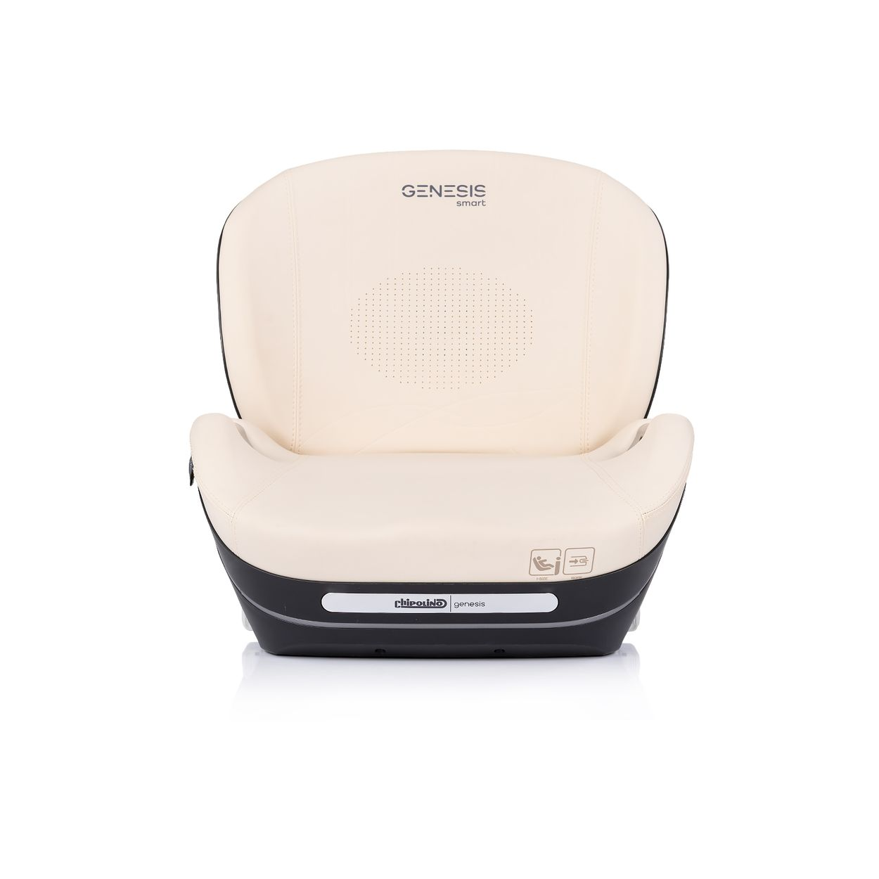 Ein cremefarbener Kindersitz mit schwarzem Sockel und "GENESIS smart" Logo.