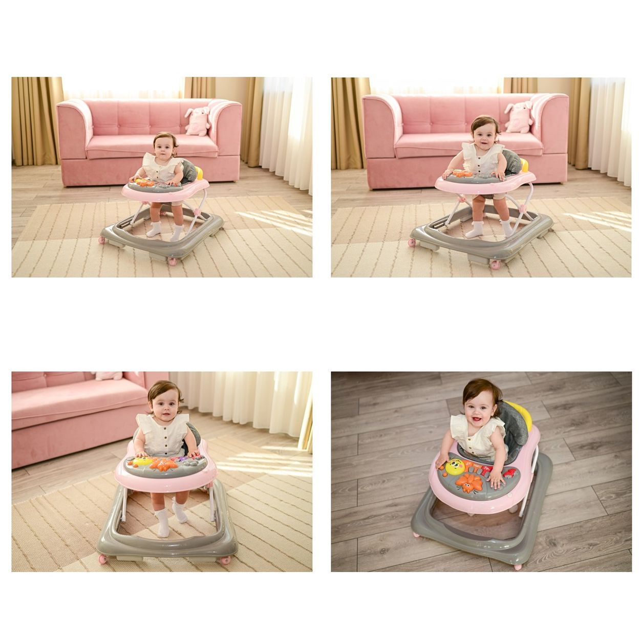Ein Baby sitzt in einem rosa Lauflernwagen mit Spielzeug vor einem Sofa.