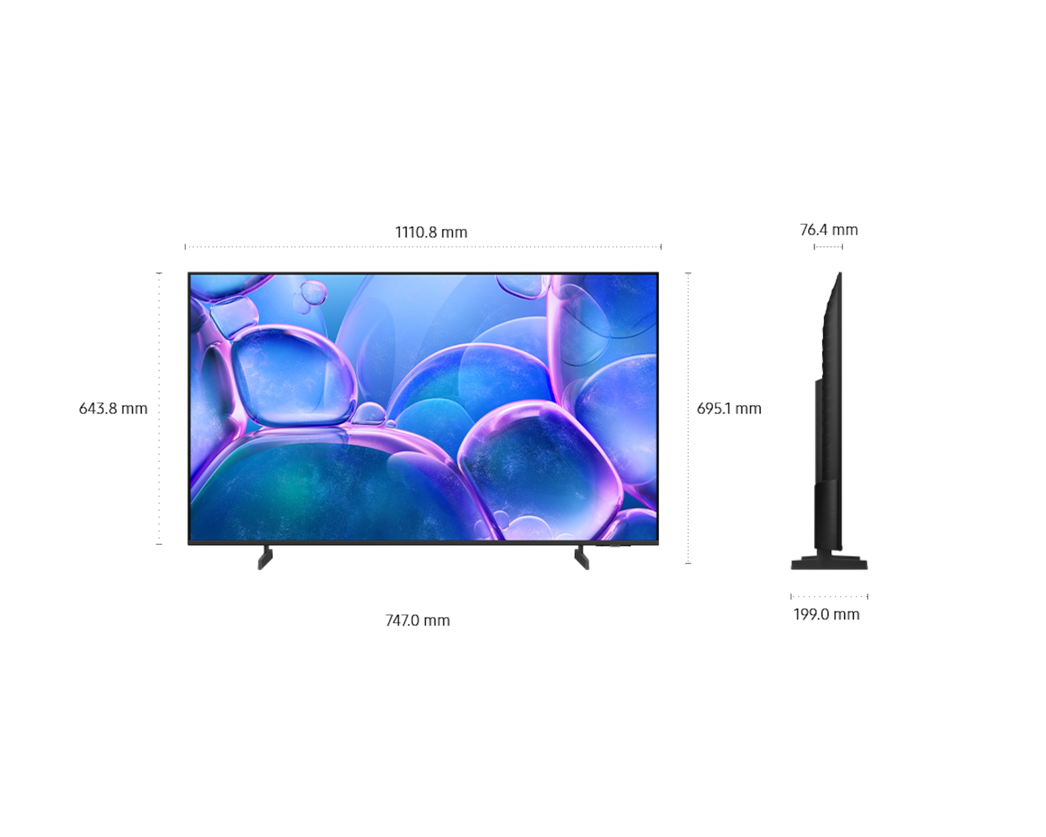 Nowoczesny telewizor z płaskim ekranem i dynamicznym tłem oraz wymiarami.