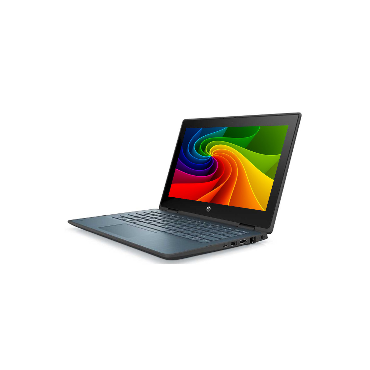 Ein dunkelblauer Laptop mit einem bunten, wirbelnden Hintergrund auf dem Bildschirm.