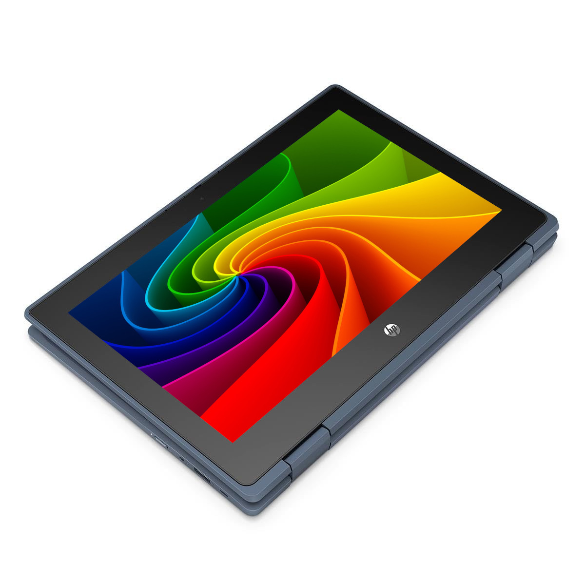 Ein dunkles Tablet mit einem bunten, wirbelnden Hintergrundbild. Es gibt ein HP-Logo.