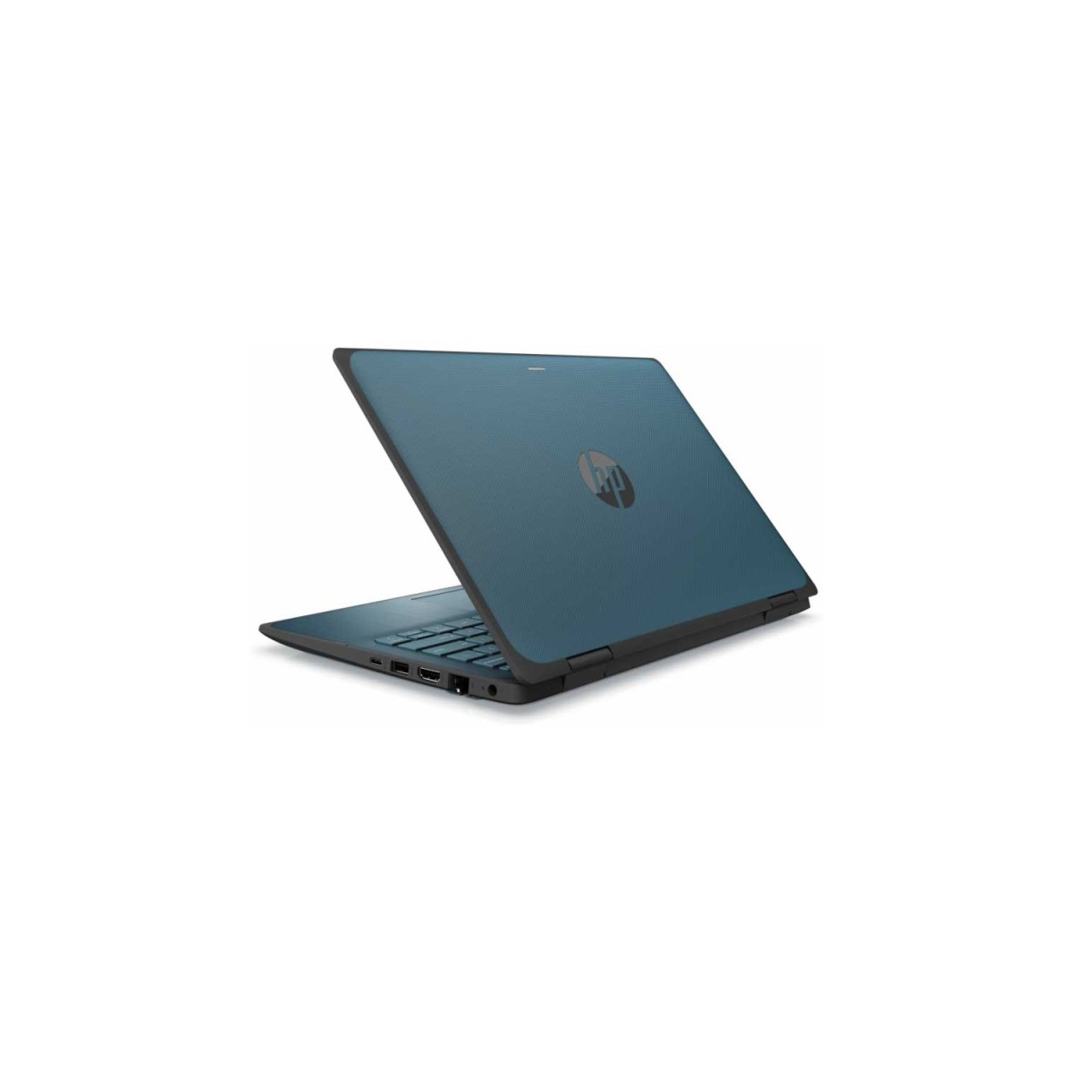 Ein blauer HP Laptop mit offenem Bildschirm und Tastatur, auf weißem Hintergrund.