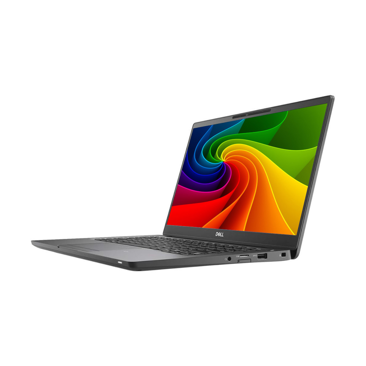 Ein geschlossener Dell Laptop mit einem bunten Hintergrund auf dem Bildschirm.