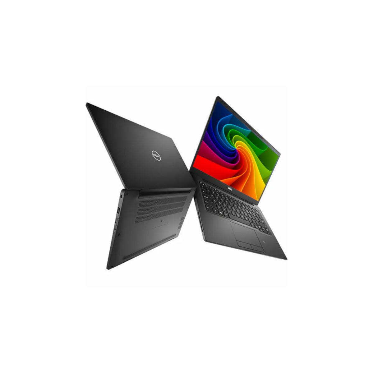 Zwei schwarze Dell-Laptops, einer geöffnet mit Regenbogenbildschirm, einer geschlossen.
