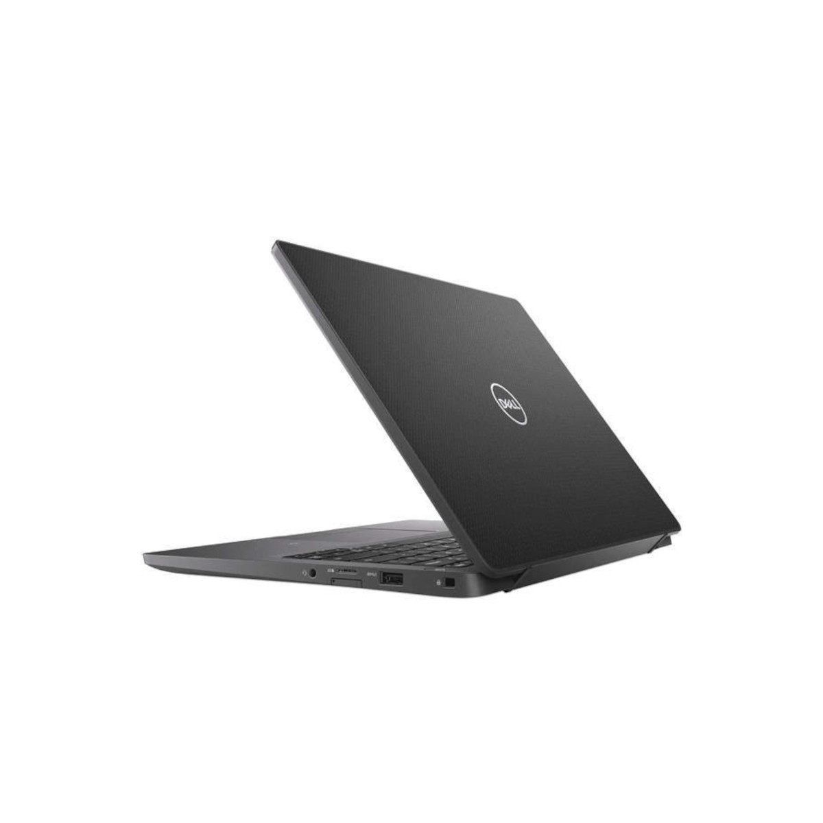 Schwarzer Dell Laptop im geöffneten Zustand, von der Seite gesehen, auf weißem Hintergrund.