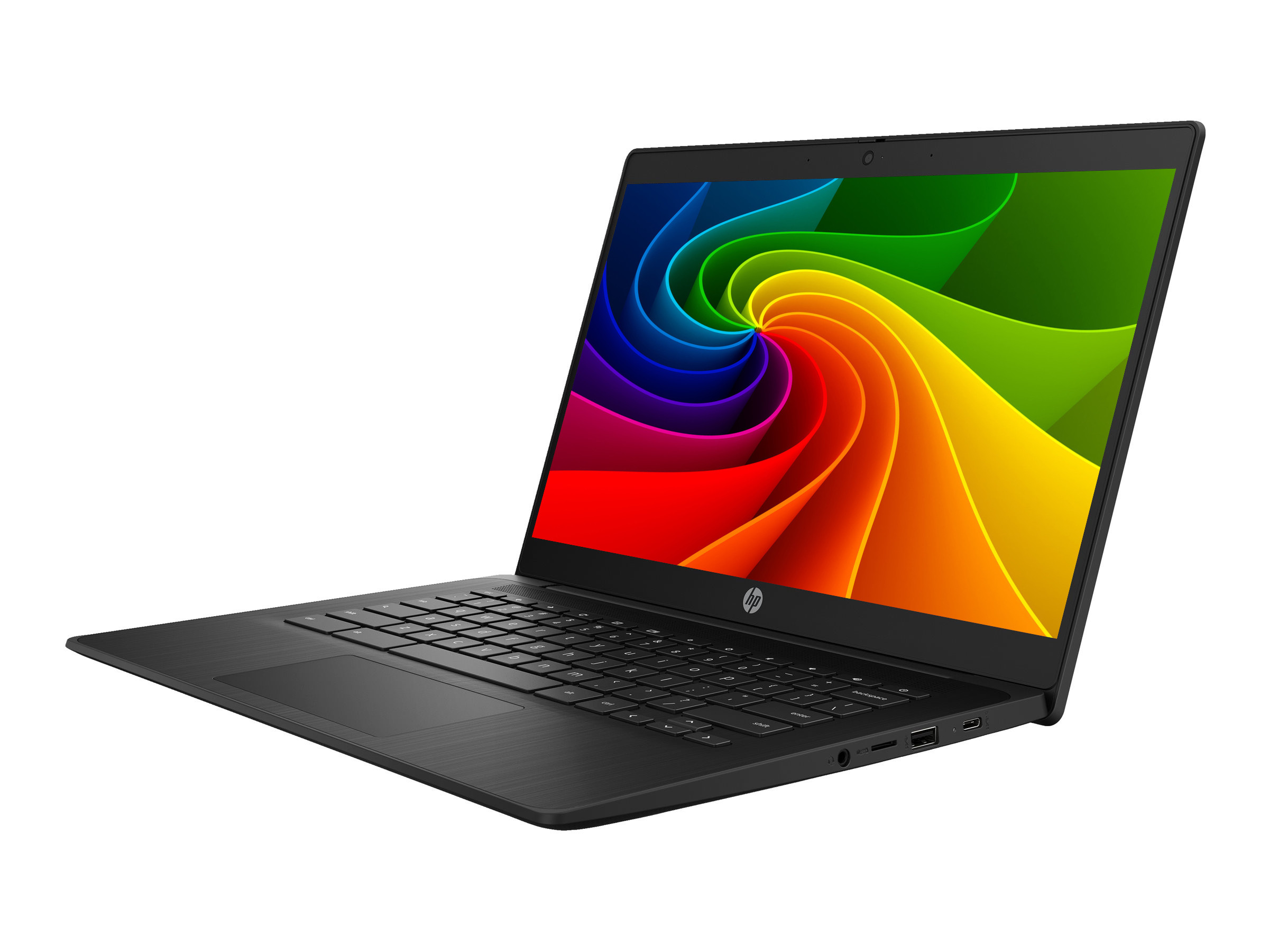 Schwarzer Laptop mit farbigem Wirbelhintergrund und HP-Logo.