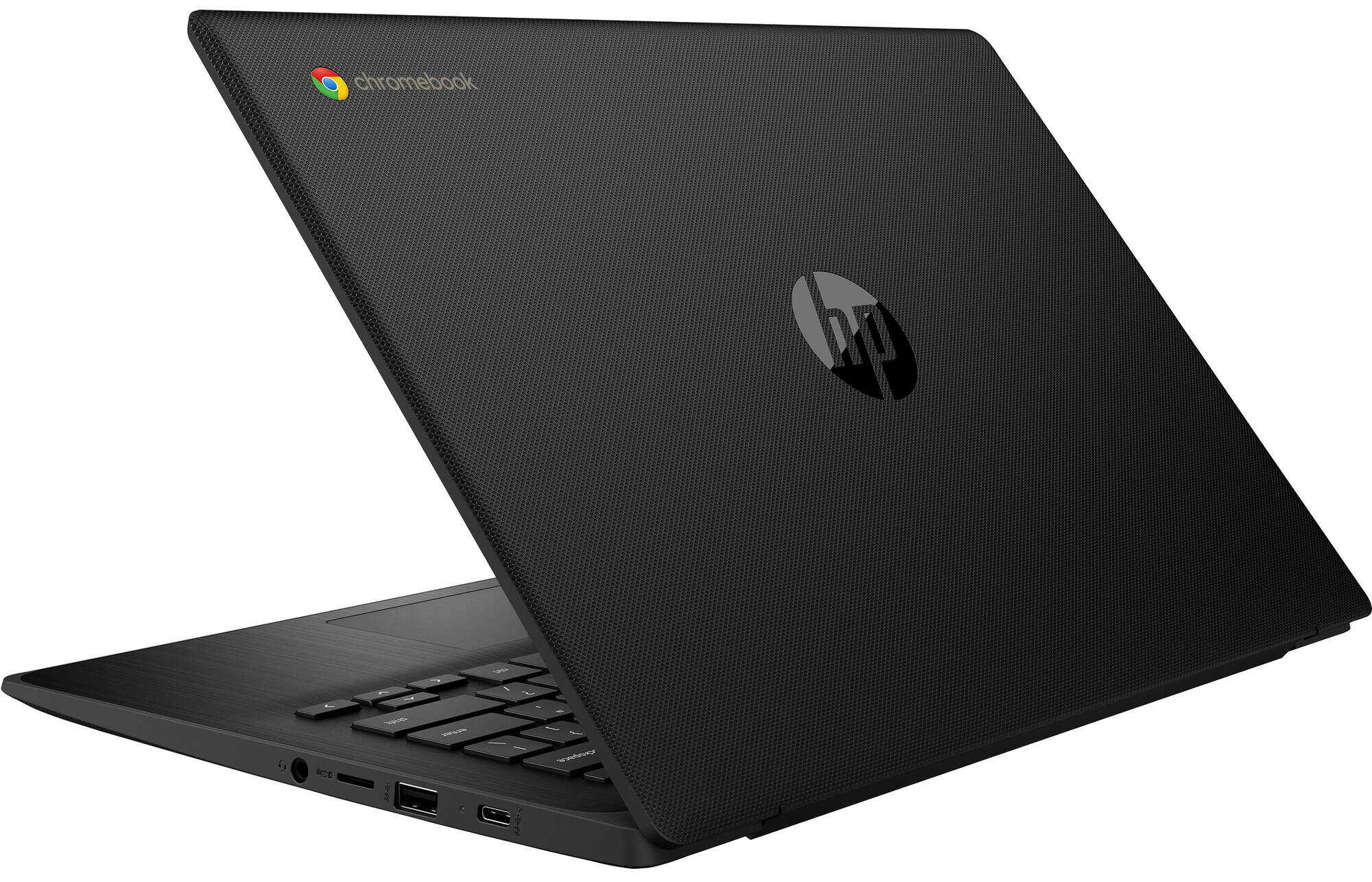 Schwarzer Laptop mit HP-Logo und Chromebook-Schriftzug. Tastatur und Anschlüsse sichtbar.
