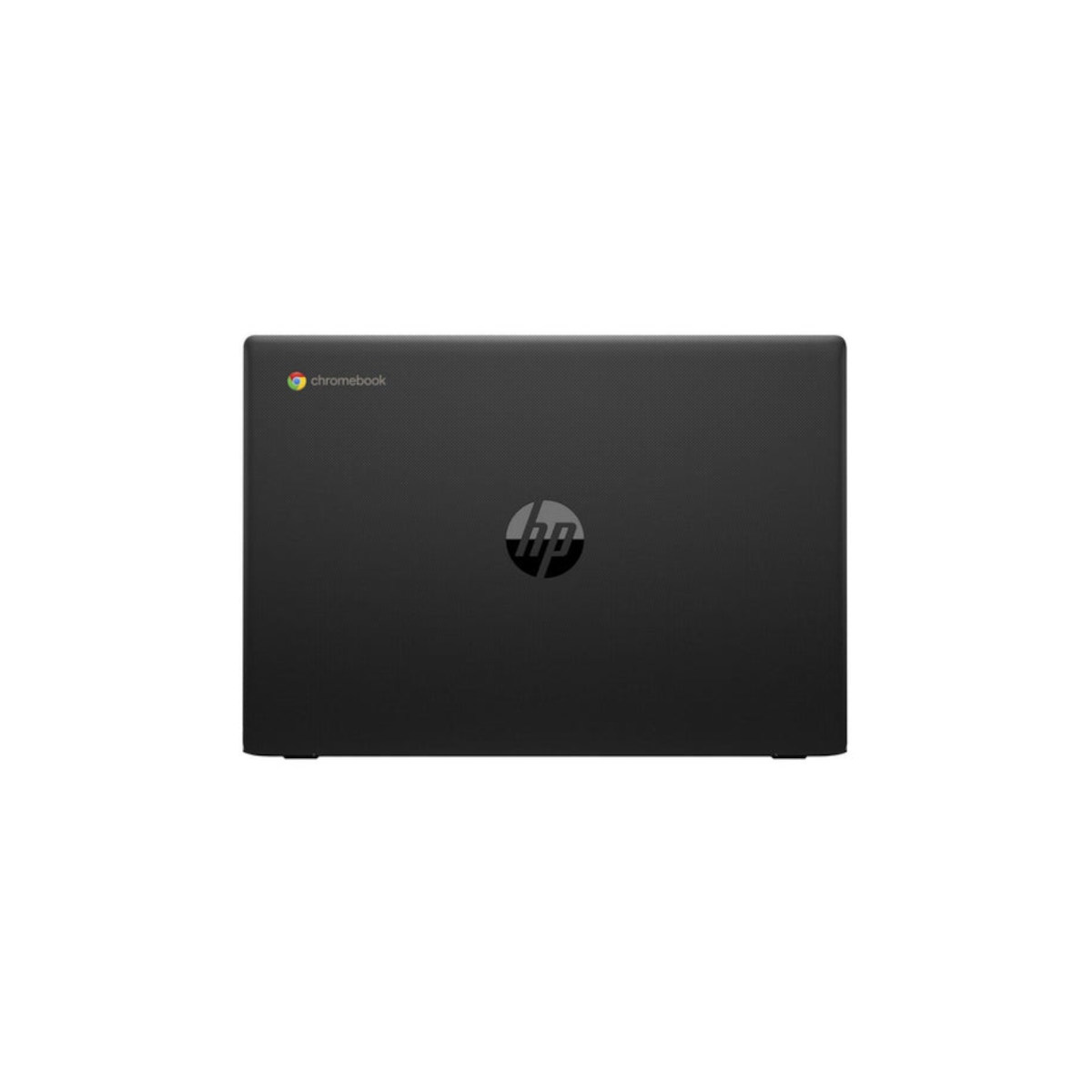 Ein geschlossener schwarzer HP Chromebook Laptop mit dem HP Logo in der Mitte.