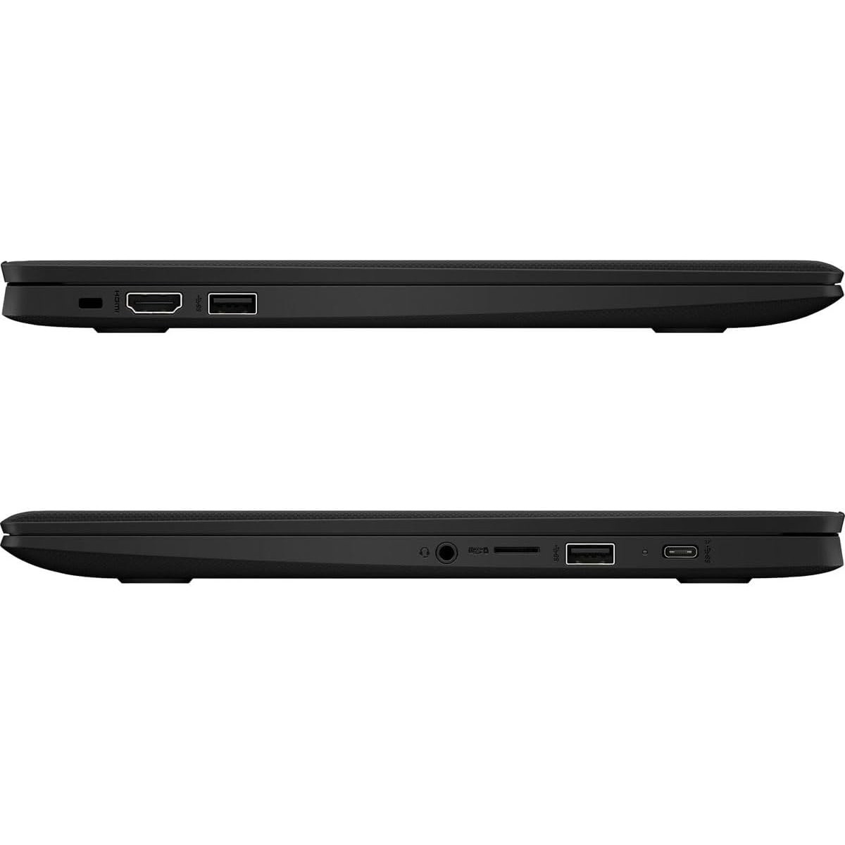 Seitenansicht eines schwarzen Laptops mit Anschlüssen: HDMI, USB-A, Kopfhörerbuchse, SD-Kartensteckplatz.
