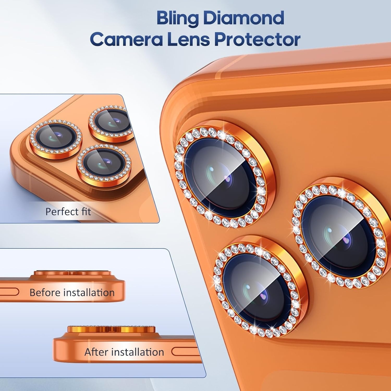 Telefono arancione con tre protezioni per obiettivo fotocamera con diamanti.
