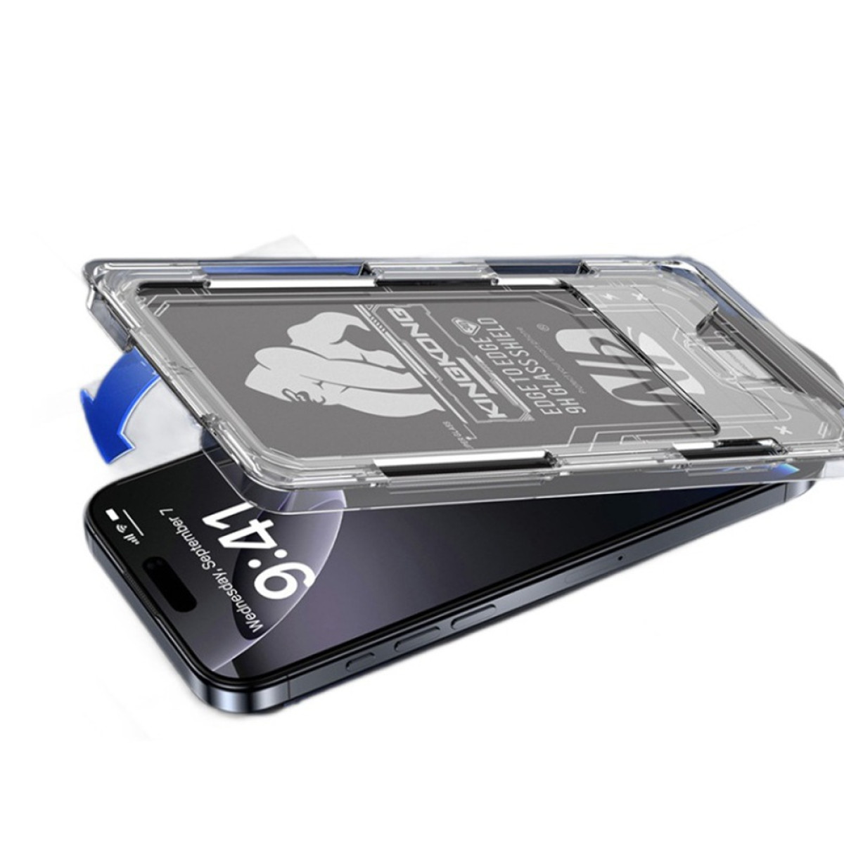 Una cover trasparente su uno smartphone nero che mostra le 9:41.