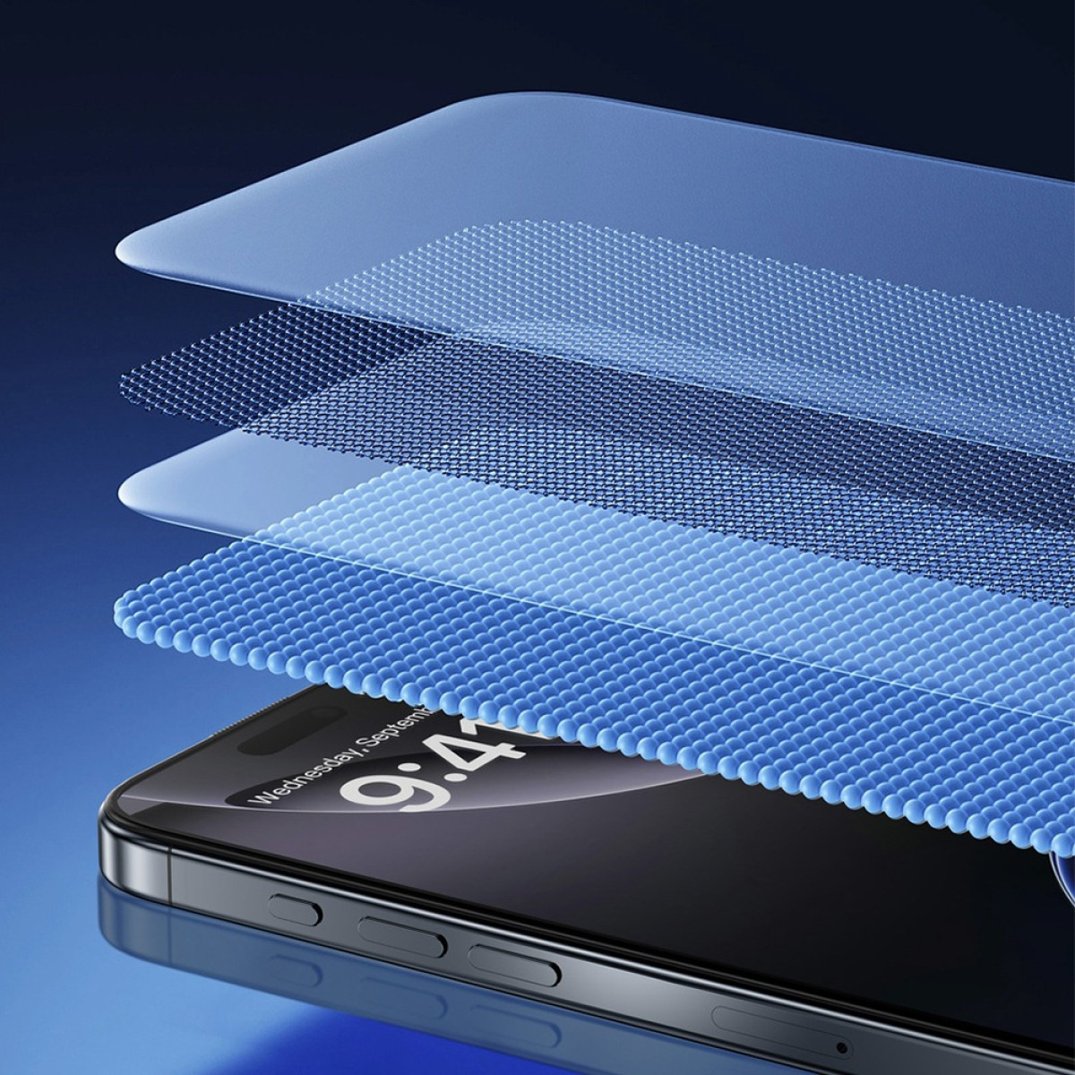 Strati astratti di materiale blu sopra lo schermo di uno smartphone.
