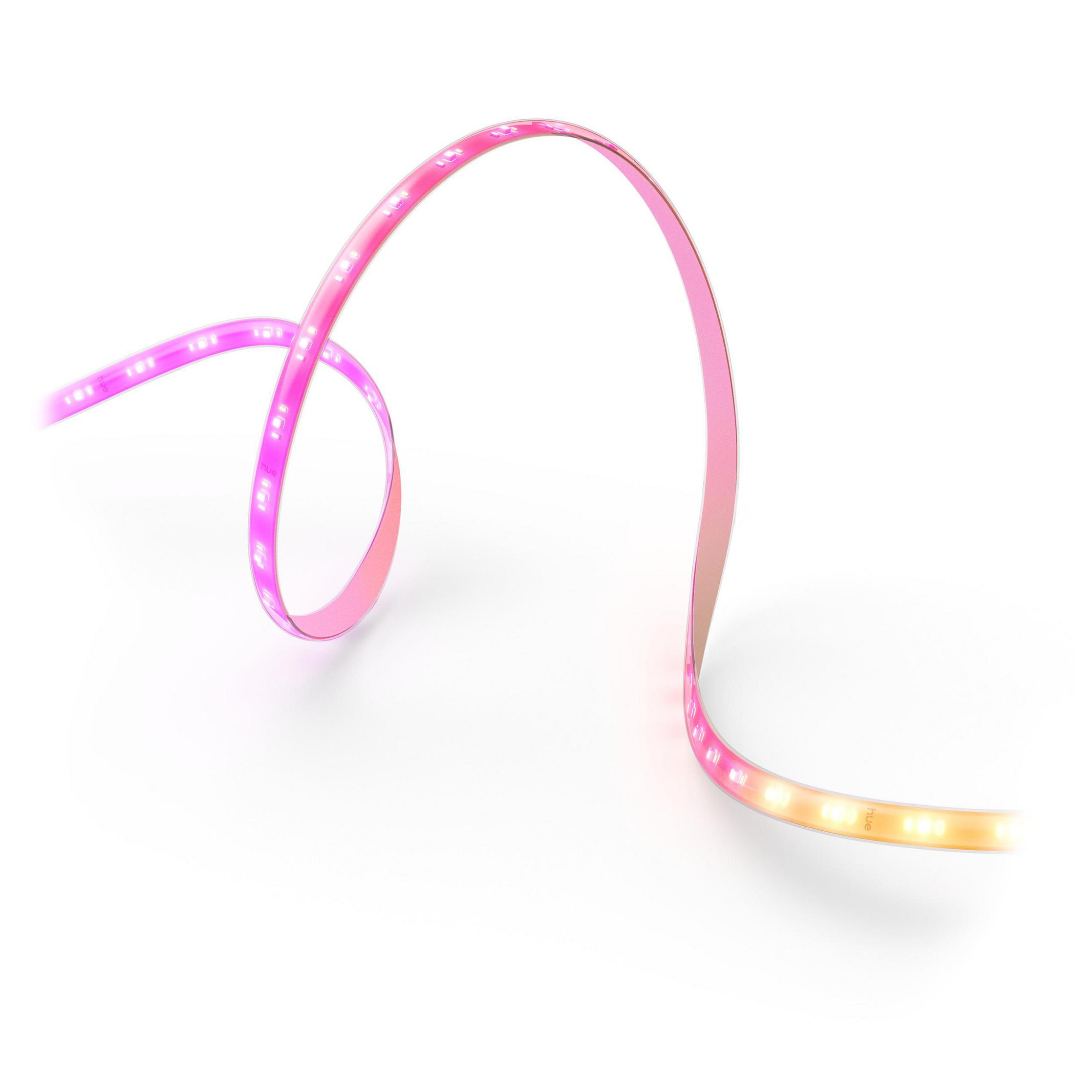 Una tira de luz LED flexible en rosa y naranja, sobre fondo blanco.